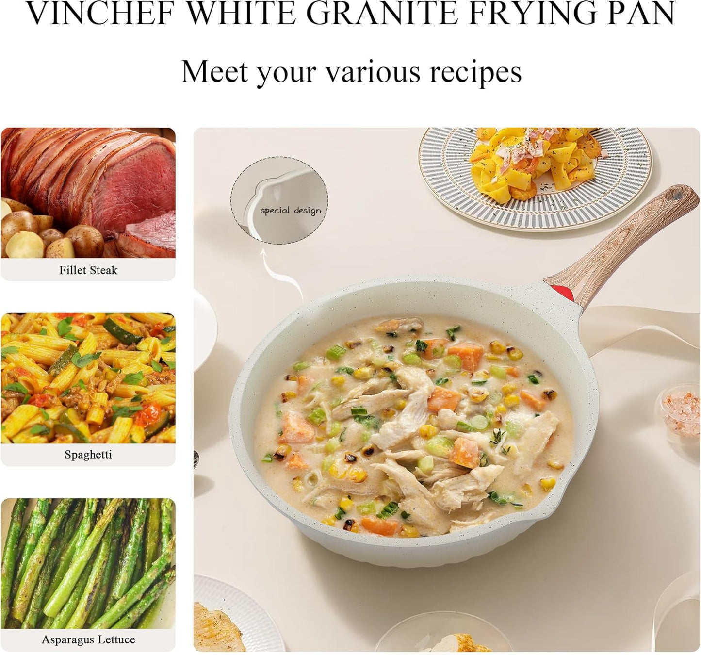 Vinchef Nonstick Deep Frying Pan, Saute Pan with Lid, 11"/5Qt, German 3C+ Ceramic Coating, Induction Compatible, White Color, Cookware for Kitchen