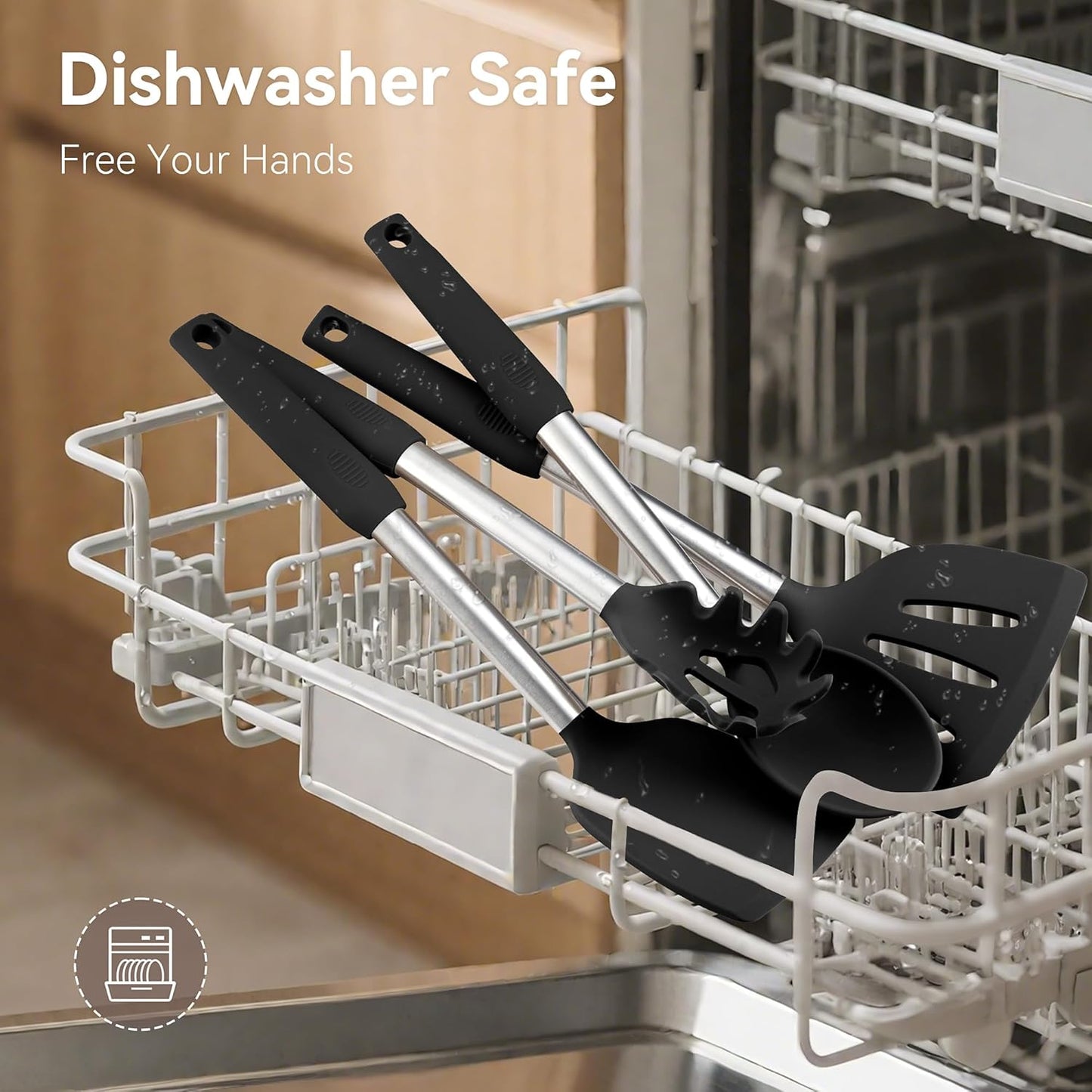 Silicone Cooking Utensils Set, NCUE 35 Pcs Kitchen Utensils Set with Holder, with Stainless Steel Handle Spatula Set, Spoons, Pasta Server, Cheese Grater, Masher, Scissors, Dishwasher Safe (Black)