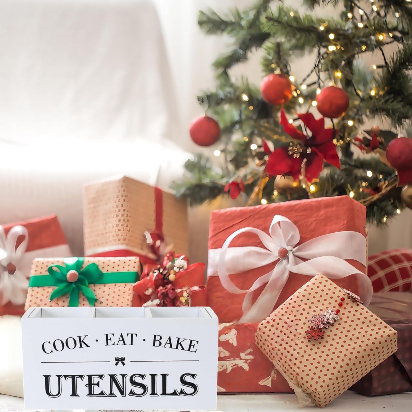 Utensil Holder,Large Wooden Utensil Holder For Kitchen Counter,Cooking Spatula Organizer,Big Storage Caddy With 3 Compartments Flatware Spoon Tool Cutlery（White）