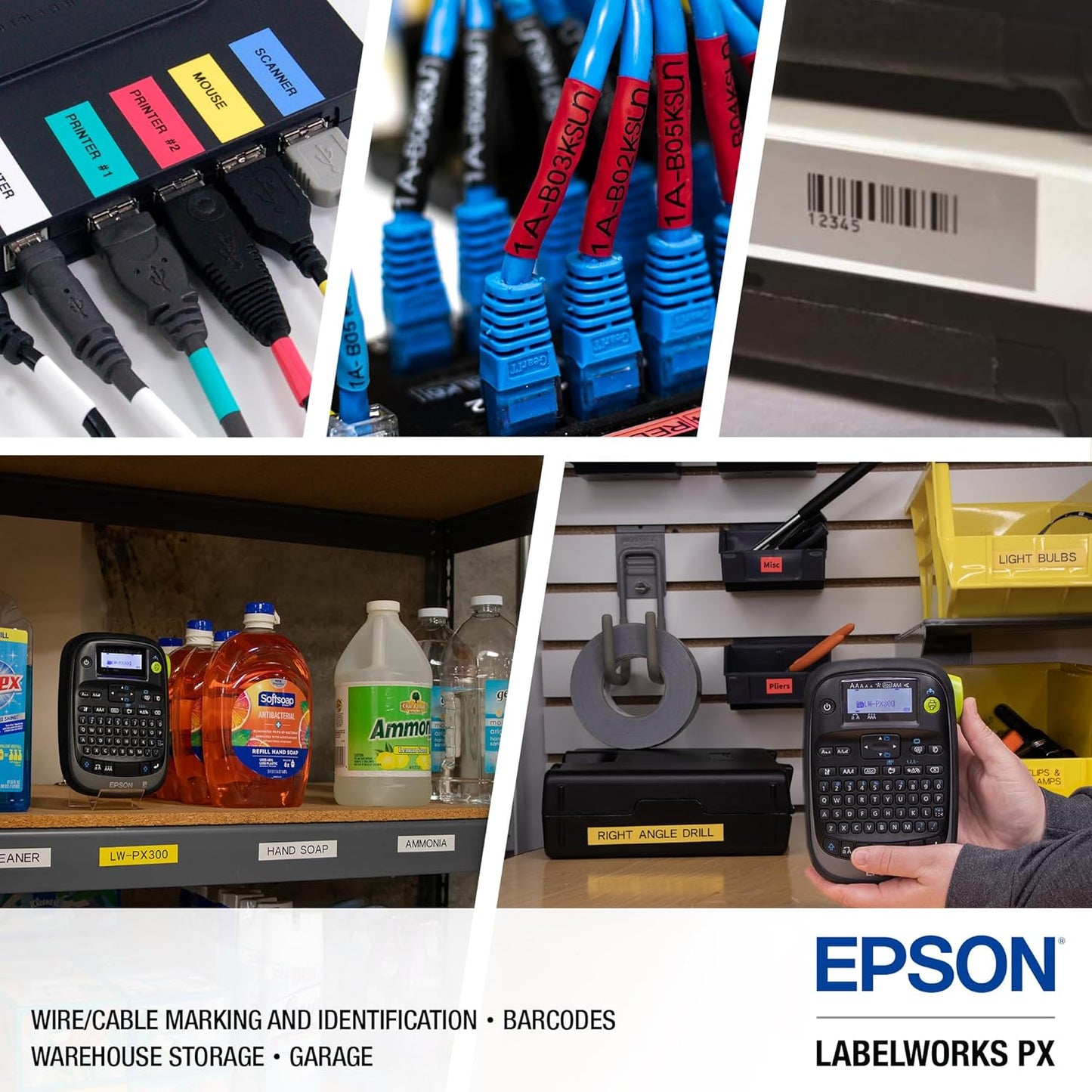 LABELWORKS Epson LW-PX300 Industrial Label Maker for Office – Compatible with Stickers, Magnets, and Shrink Tube, Portable Handheld Design, Label Maker and Tape Only