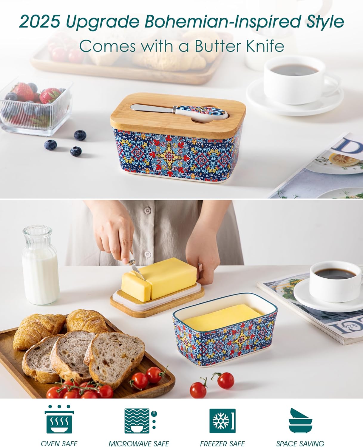 vancasso SIMI Butter Dish with Lid, 6.5" Large Butter Dish for Countertop, Bohemian Ceramic Butter Keeper Container with Knife and Bamboo Lid, Butter Holder for Counter, Twilight Bloom