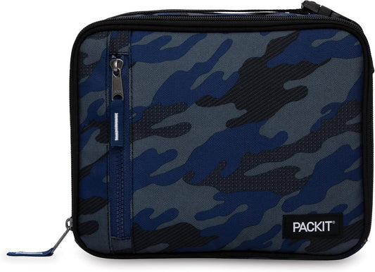 PackIt Freezable Classic Lunch Box, Sporty Camo Charcoal Navy, Built with EcoFreeze Technology, Collapsible, Reusable, Zip Closure With Zip Front Pocket and Buckle Handle, Desgined for Lunches
