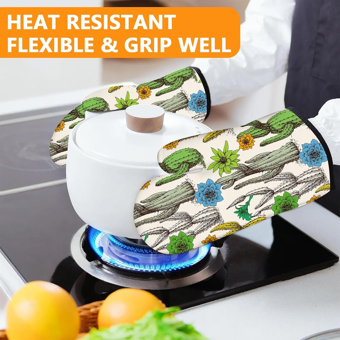 Cactus Flower Oven Mitts and Pot Holders Sets 4Pcs,Extra Long Oven Gloves Potholder for Kitchen Cooking Baking BBQ 100% Cotton Heat Resistant