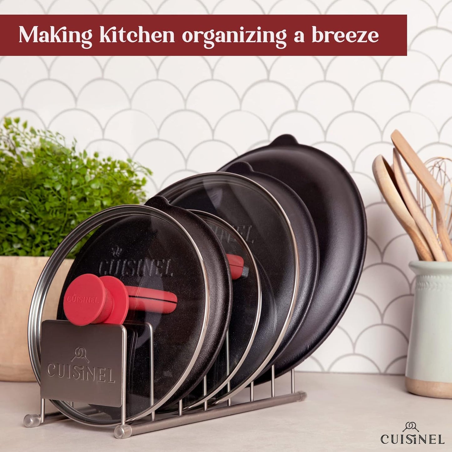 Cuisinel Lid and Dish Organizer Rack - 2-Pack Satin Nickel Kitchen Storage Organization Stand - Plate Holder, Pan/Pot Covers, Cutting Board and Cookie Sheet Divider - 7-Tier Cabinet/Counter Display