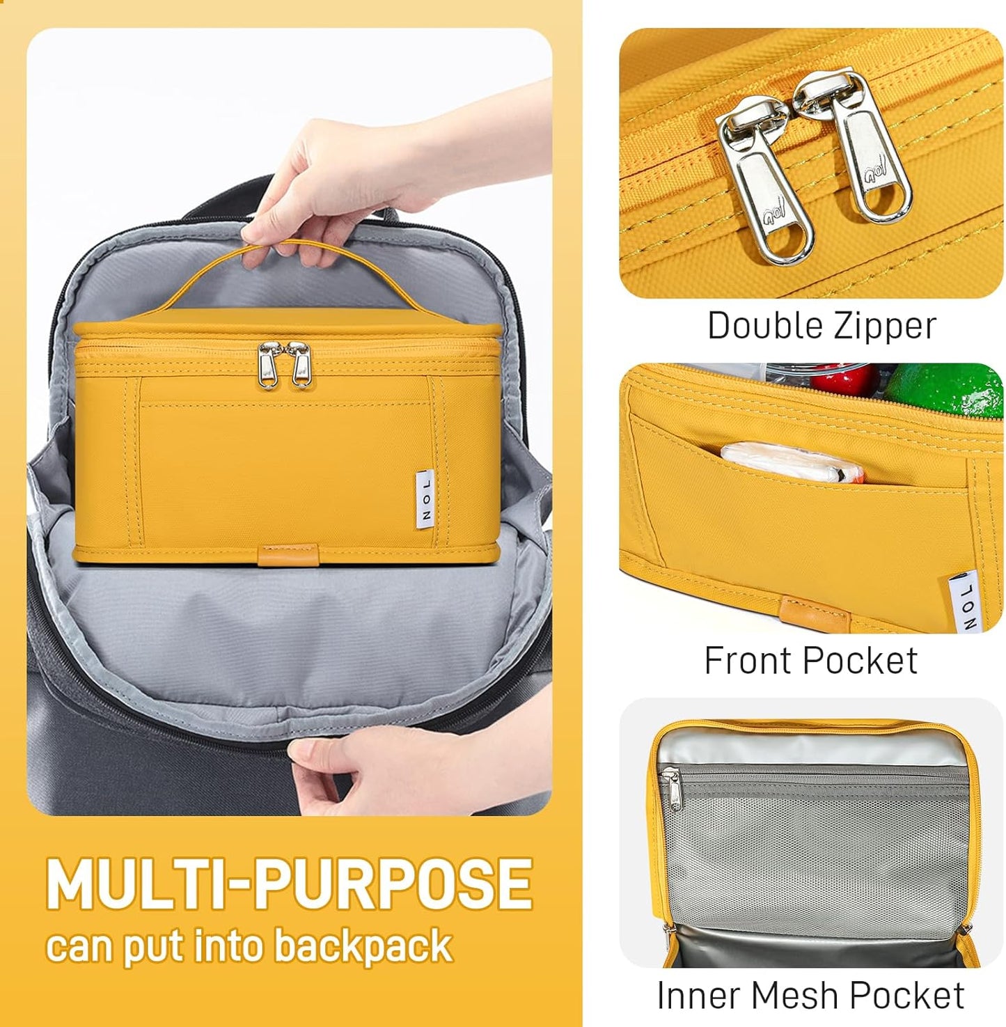 NOL Natural Organic Lifestyle Small Lunch Bag Mini Lunch Box Insulated Lunch Bag for Men/Women Leakproof Cooler Tote Bag Lightweight Nylon Waterproof Lunch Box For Work, Earth-yellow