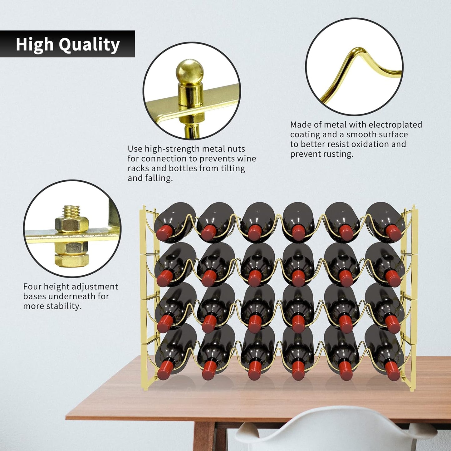 TONLEA 4 Tier Wine Rack, 3-in-1 24 Bottles Wine Storage, Wine Bottle Rack Stackable, Wine Storage Rack for Cabinet Pantry(Gold, Version 3.0)