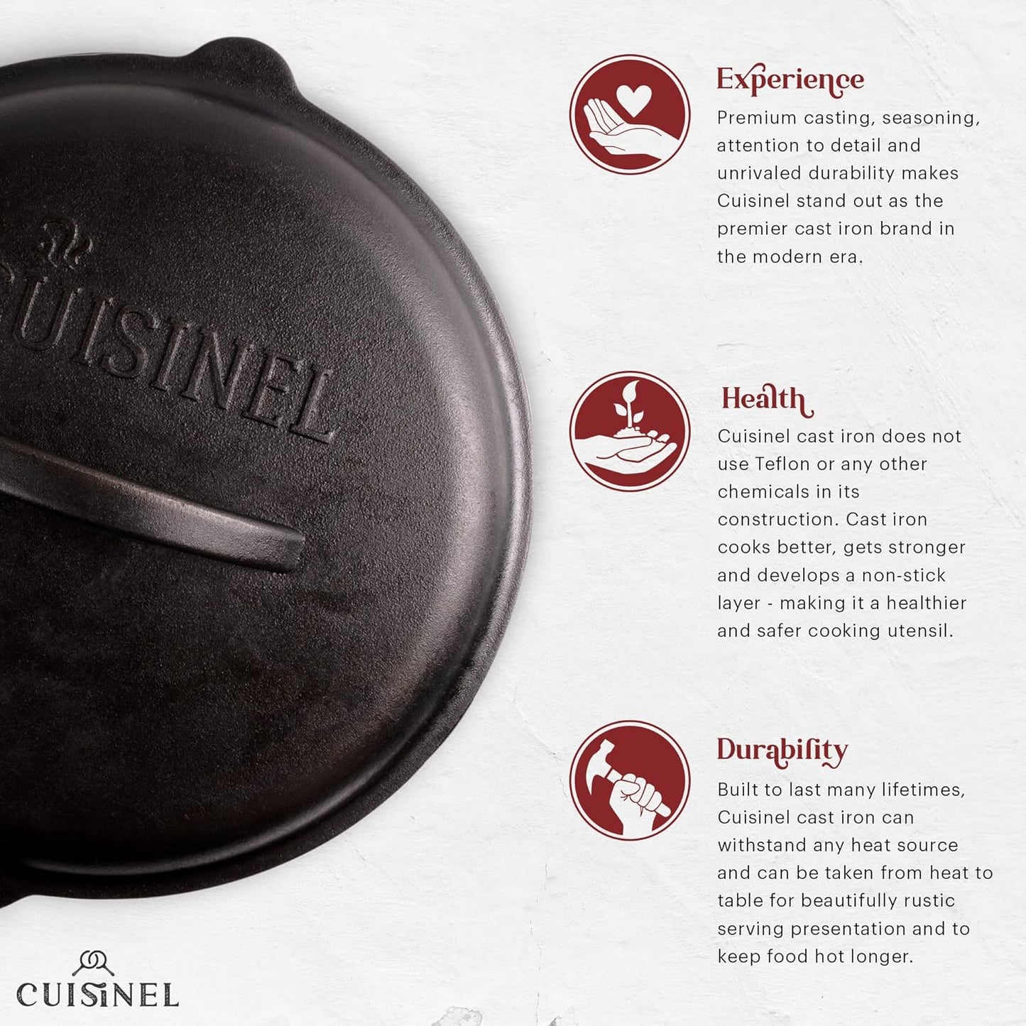 Cuisinel Cast Iron Lid - Fits 12"-Inch / 30.48-cm Lodge Skillet Frying Pans or Braiser + Silicone Handle Holder + Care Guide - Pre-Seasoned Replacement Cover - Indoor/Outdoor, Oven, Fire, BBQ Safe