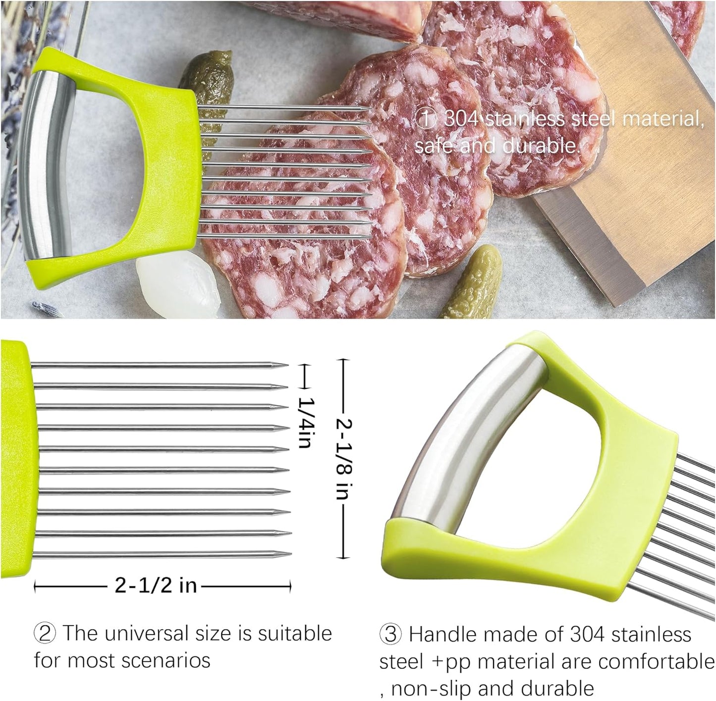 2 Pcs Onion Slicer holder,Premium Vegetable Slicing Tool for Potato and Tomato, Food Cutter Assistant Tool for Slicing Fruit Lemon and Meat, Stainless Steel Kitchen Tool, (Green)