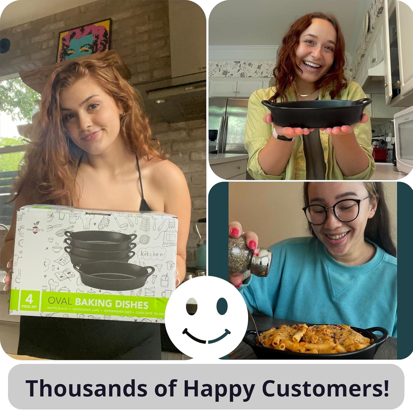 Oval Au Gratin Baking Dishes for Oven Safe and Microwave Cooking and Baking, 4 Pc. Set, Heat Resistant Ceramic with Handles for Serving, Small Mini Casserole Dish, 8" x 5", 16 oz, Matte Black