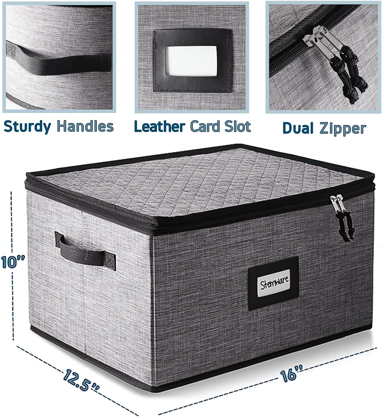 Hearth & Harbor Wine Glass Storage Box with Dividers, Quilted and Stackable Stemware Storage Cases, Service of 12 Glass China Container Hard Shell for Moving and Organization, Grey