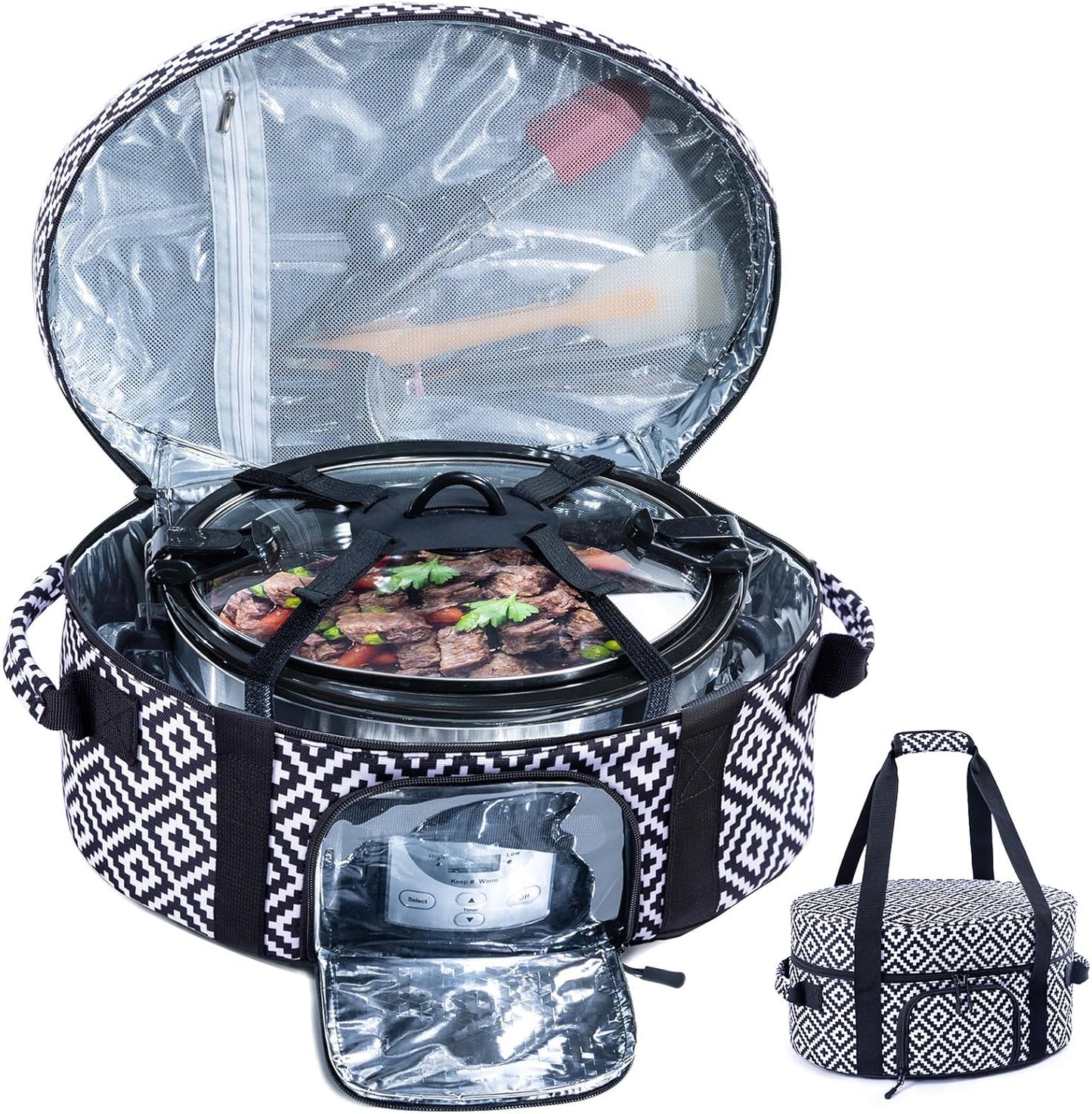 Insulated Slow Cooker Carrying Bag for 6-8 Quart CrockPot and Hamilton Beach Slow Cooker with See-thought Window, Portable Carrier Case with Adjustable Band and Accessory Pocket