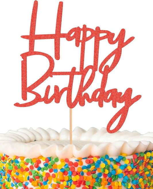 Happy Birthday Cake Topper - Glitter Red Birthday Cake Top Decorations (Red)
