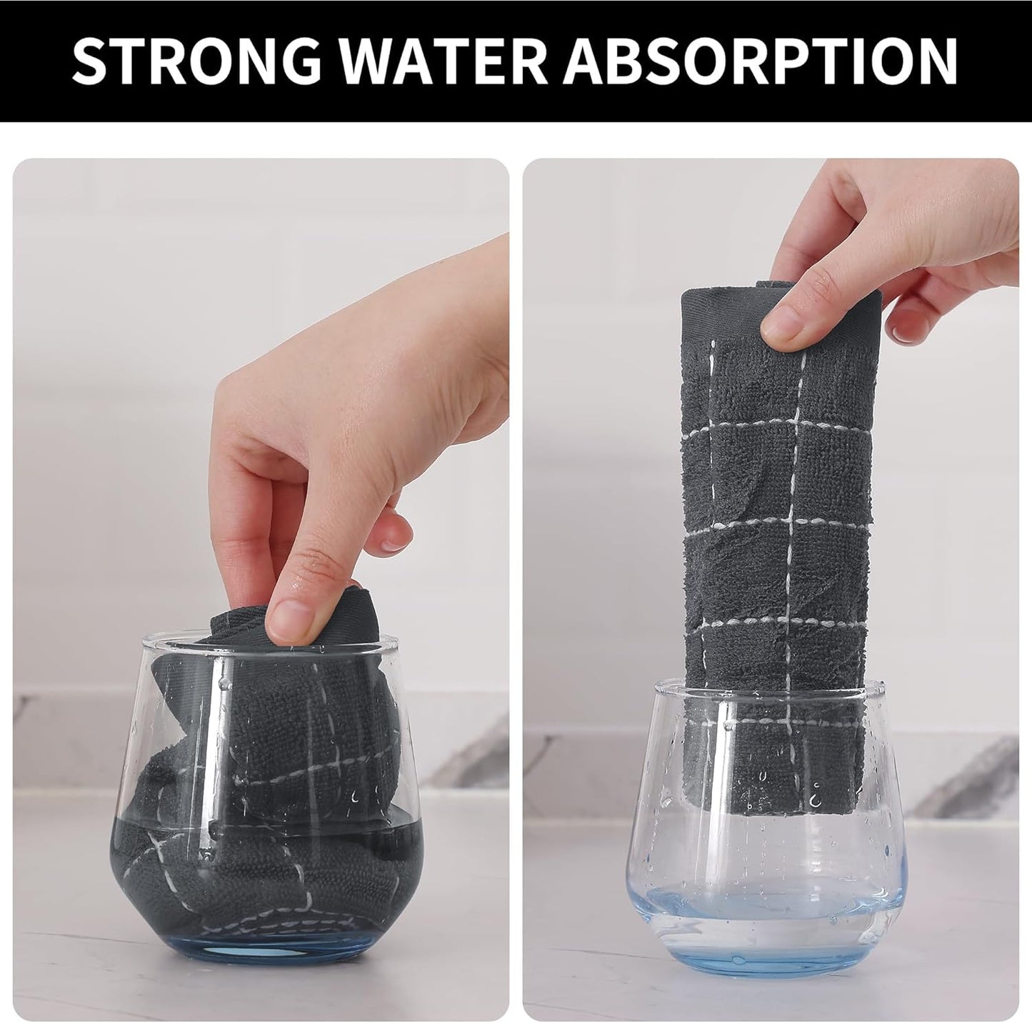 Homaxy 100% Cotton Terry Kitchen Towels(Grey, 13 x 28 inches), Checkered Designed, Soft and Super Absorbent Dish Towels, 8 Pack