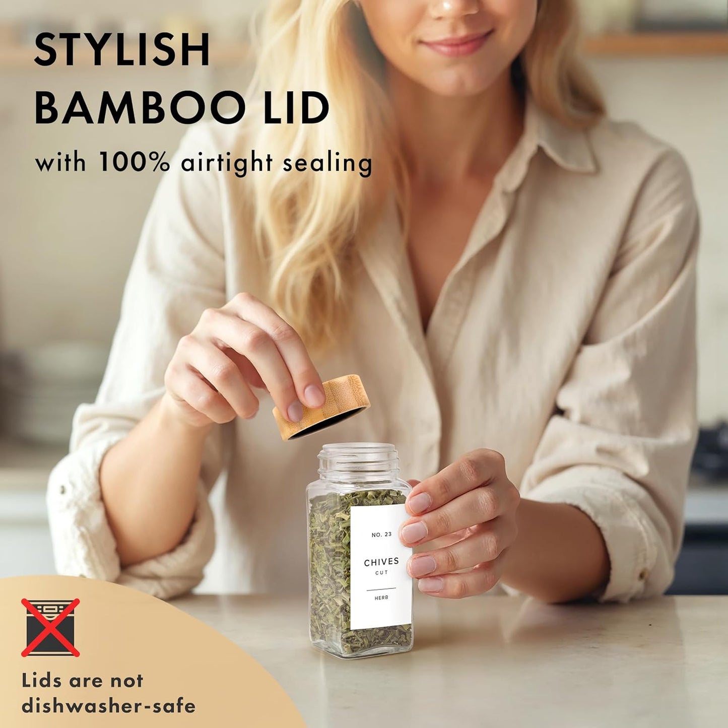 Square Spice Jars with Bamboo Wooden Lid (Pack of 24) Spice Jars with Shaker Insert and 240 Labels - Bamboo Lid Glass Container for Spice Organisation [4.3 in × 1.8 in]