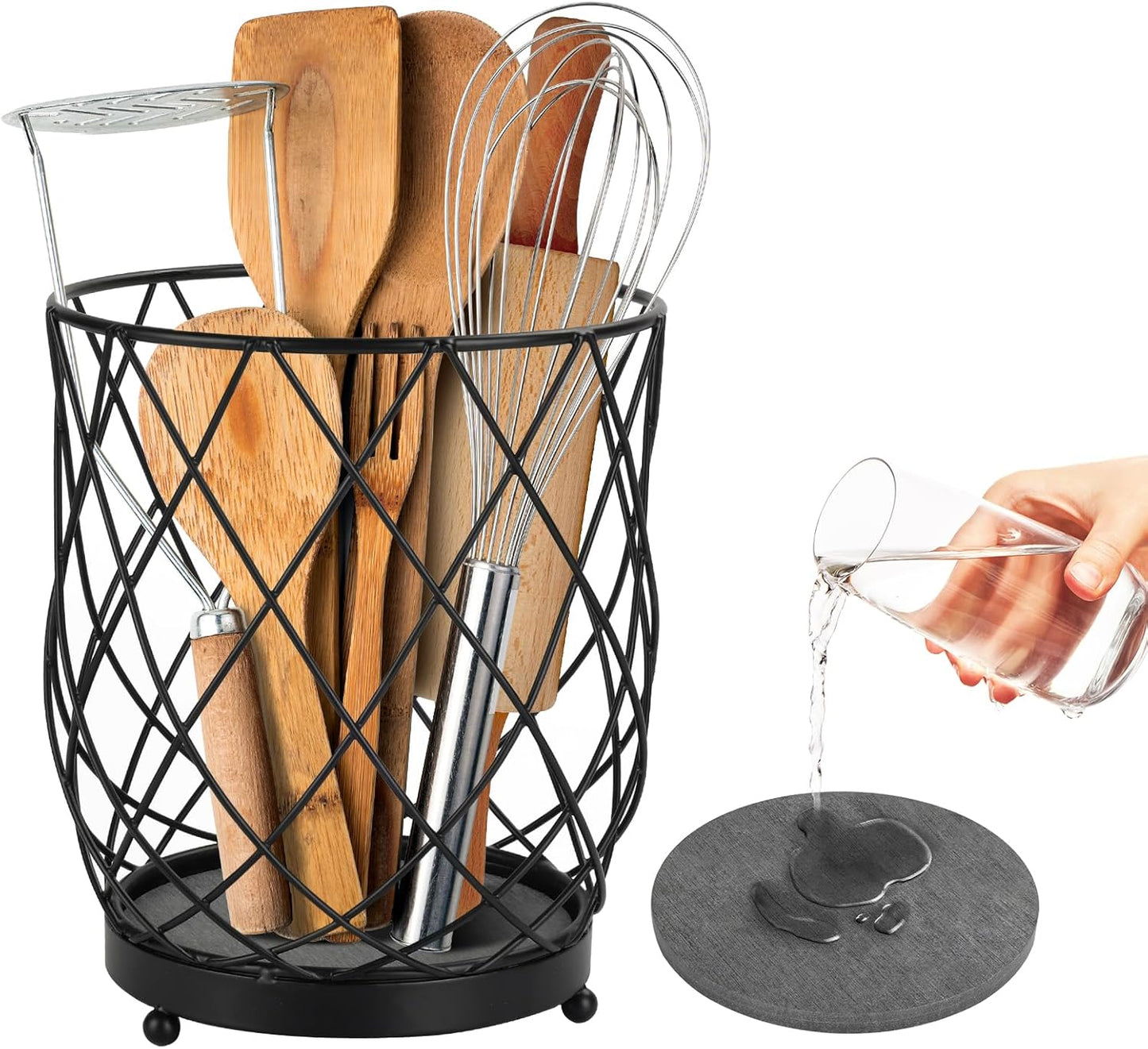 MACEVIA Utensil Holder for Kitchen Counter, Large Black Metal Organizer with Diatomaceous Earth Base, 6.3" x 5" x 7.5", Countertop Storage for Spoons, Spatulas and Cooking Utensils