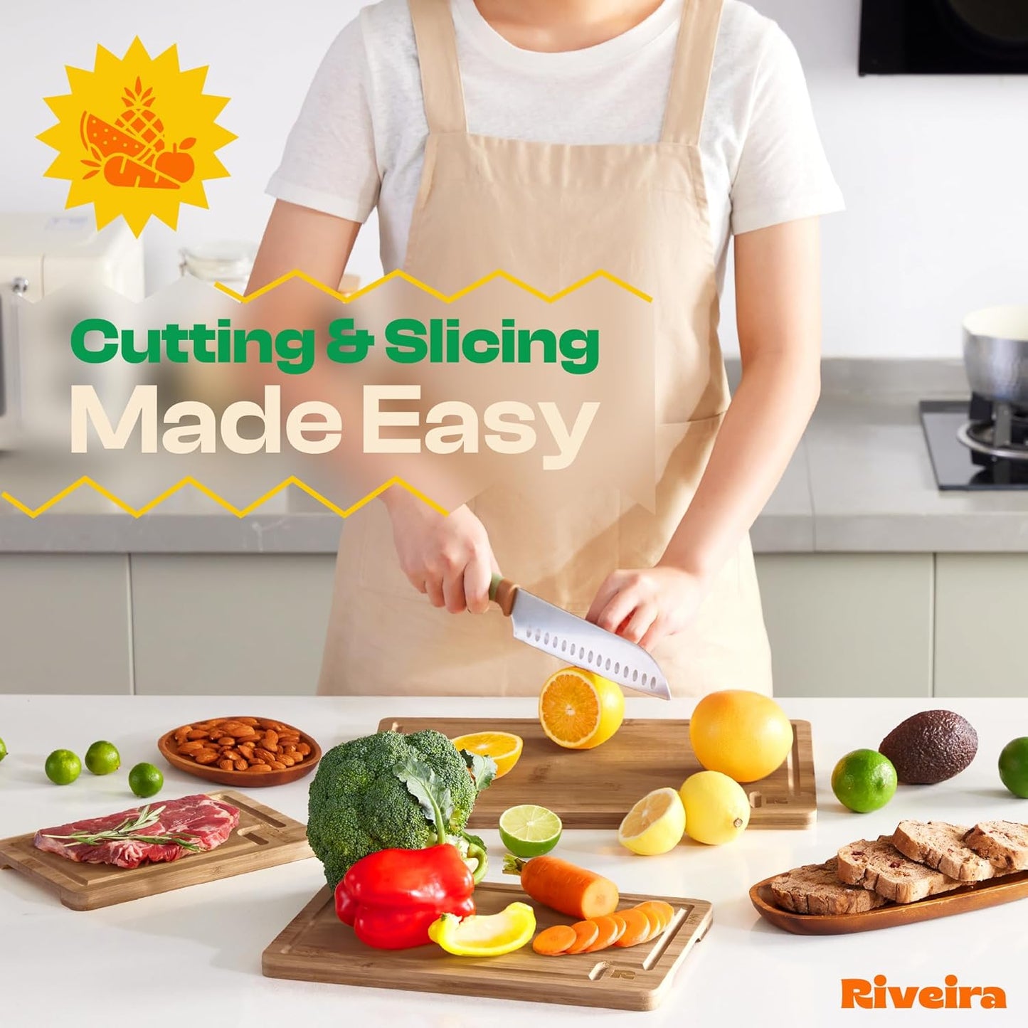 Riveira Brown Bamboo Wood Cutting Board – Gourmet Bamboo Grandeur: 36 x 24 Wooden Cutting Board – Wooden Cutting Boards For Kitchen Decorative – Innovative Juice Grooves Wooden Chopping Board