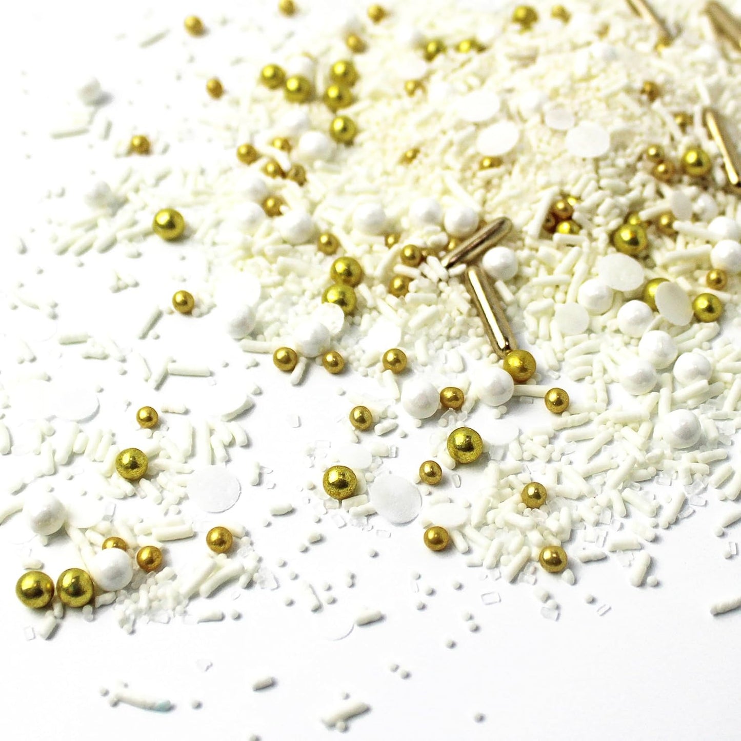 Wedding White Sprinkle Mix| Made In USA By Sprinkle Pop| Pastel White Sprinkles With Gold Metallics Dragees| Sprinkles For Decorating Bridal Shower Wedding Anniversary Party Cupcakes Cake Cookies, 2oz