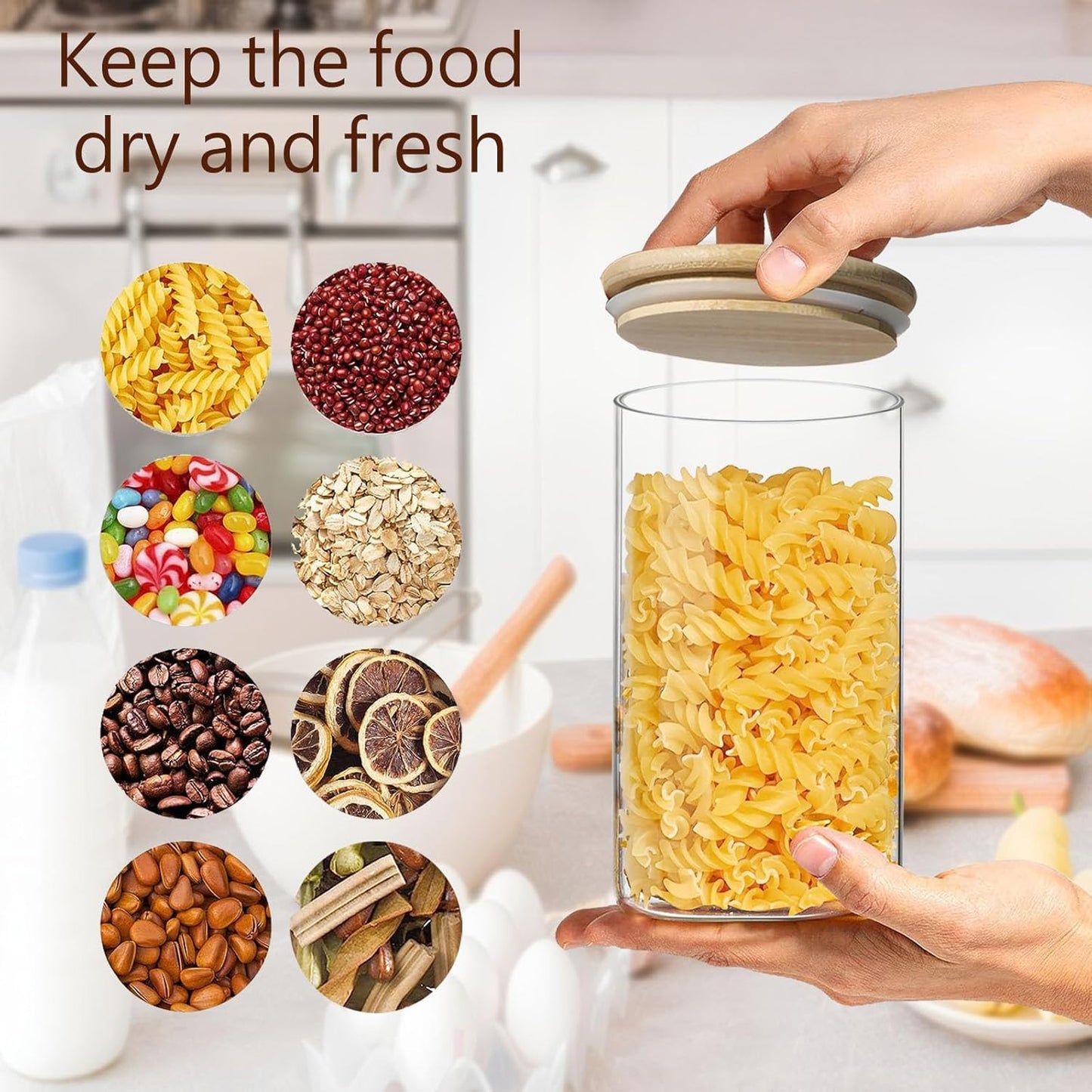 Round Glass Jars Canister with Wood Lid 40 FL OZ [Set of 3], Container Jar with Sealing, Lids for Oat Pasta Flour Cereal Rice Sugar Tea Coffee Beans, Best for Kitchen & Pantry