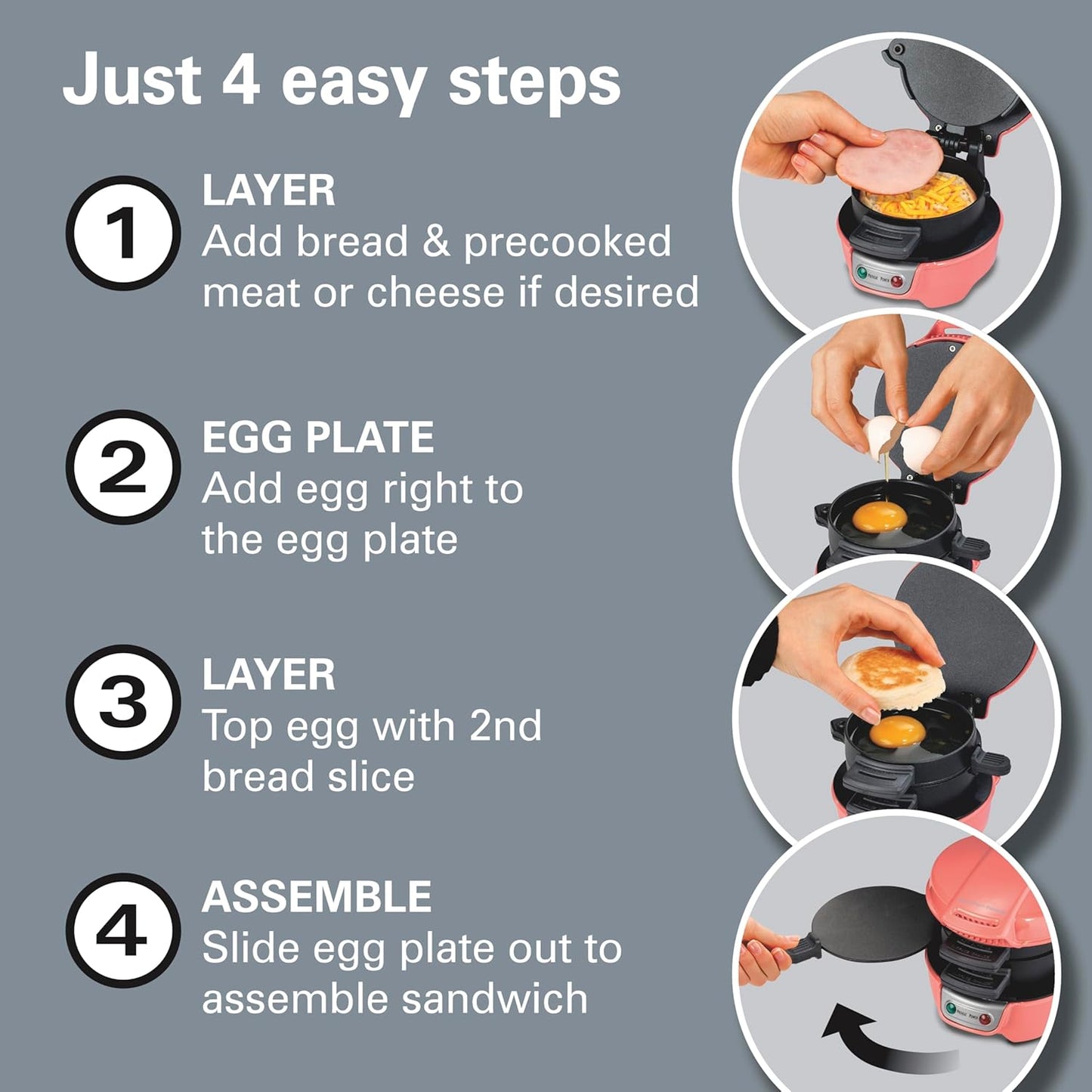 Hamilton Beach Breakfast Sandwich Maker with Egg Cooker Ring, Customize Ingredients, Perfect for English Muffins, Croissants, Mini Waffles, Perfect White Elephant Gifts, Coral (25483)