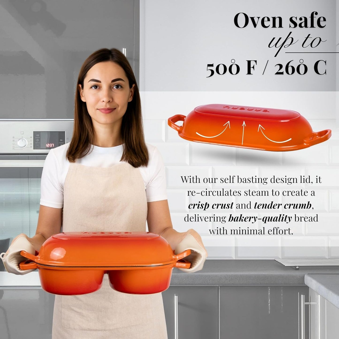 nuovva Dutch Oven For Sourdough Bread Baking – Enamelled Cast Iron Bread Loaf Pot – 500°F Oven Safe Non Stick Bread Pot – Double Round Loaf Space, 16.5cm Diameter, Orange