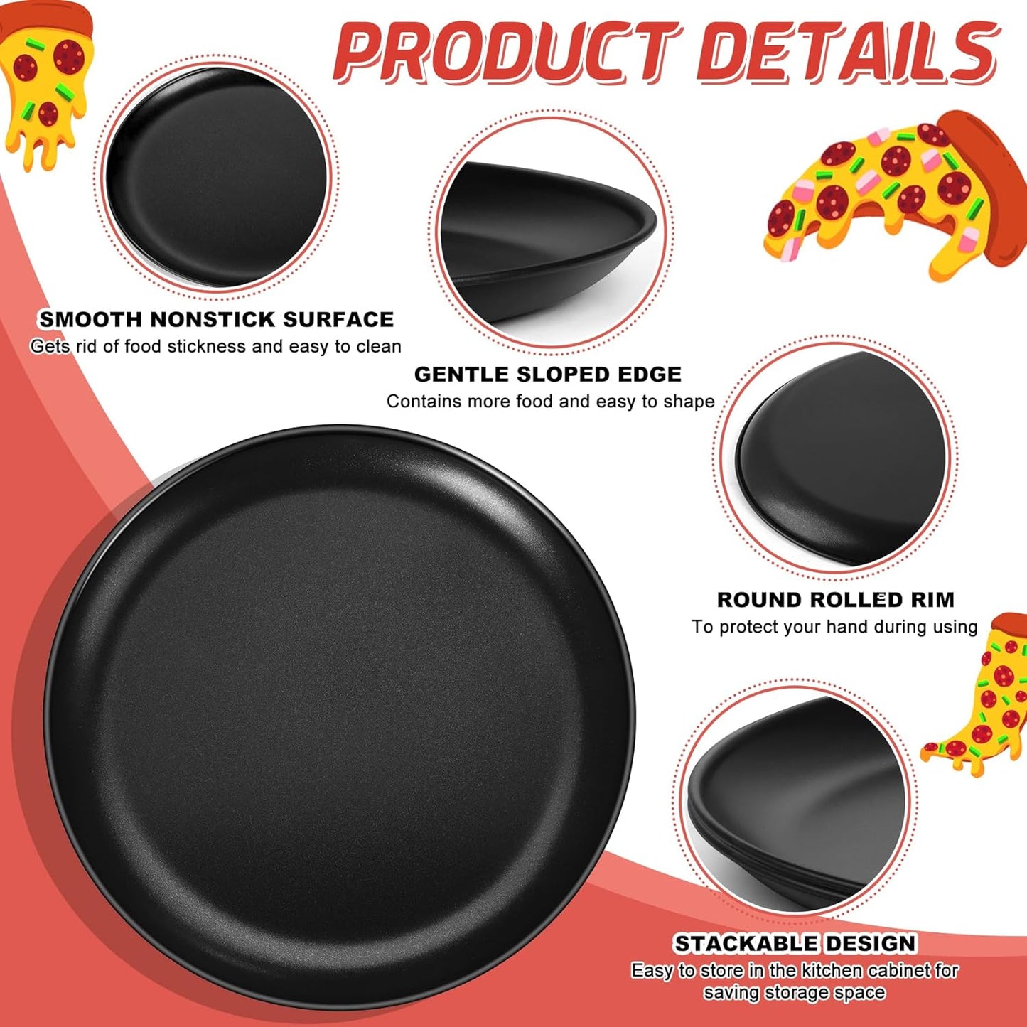 P&P CHEF 10 Inch Pizza Pan, 3 Pieces Stainless Steel Round Pizza Tray Dish Plate For Oven Baking Roasting, Healthy & Heavy Duty, Rust Free & Dishwasher Safe -Black