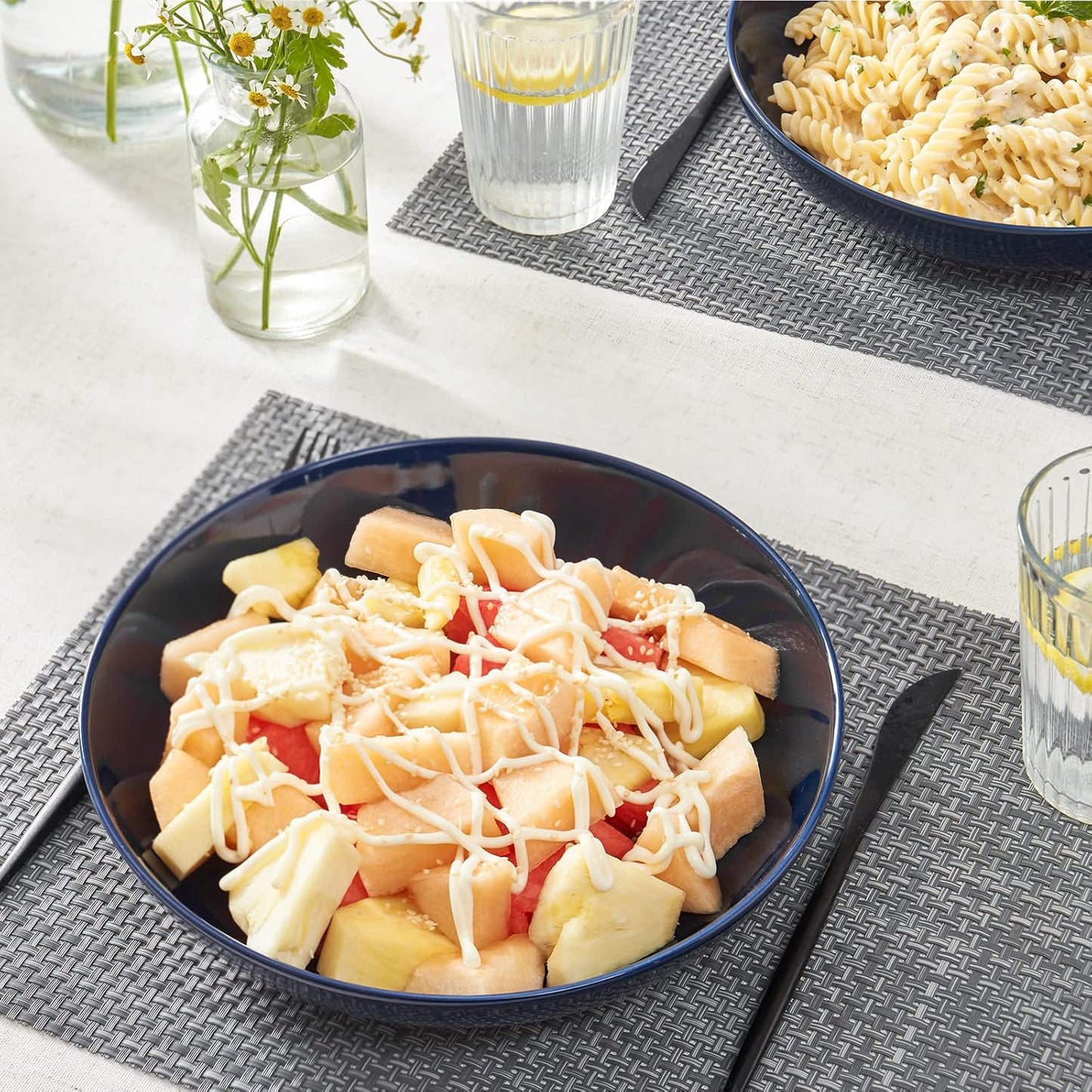 Y YHY 9.75" Large Pasta Bowls, 50 Ounces Big Salad Bowls, Ceramic Serving Bowl Set of 4, Blue