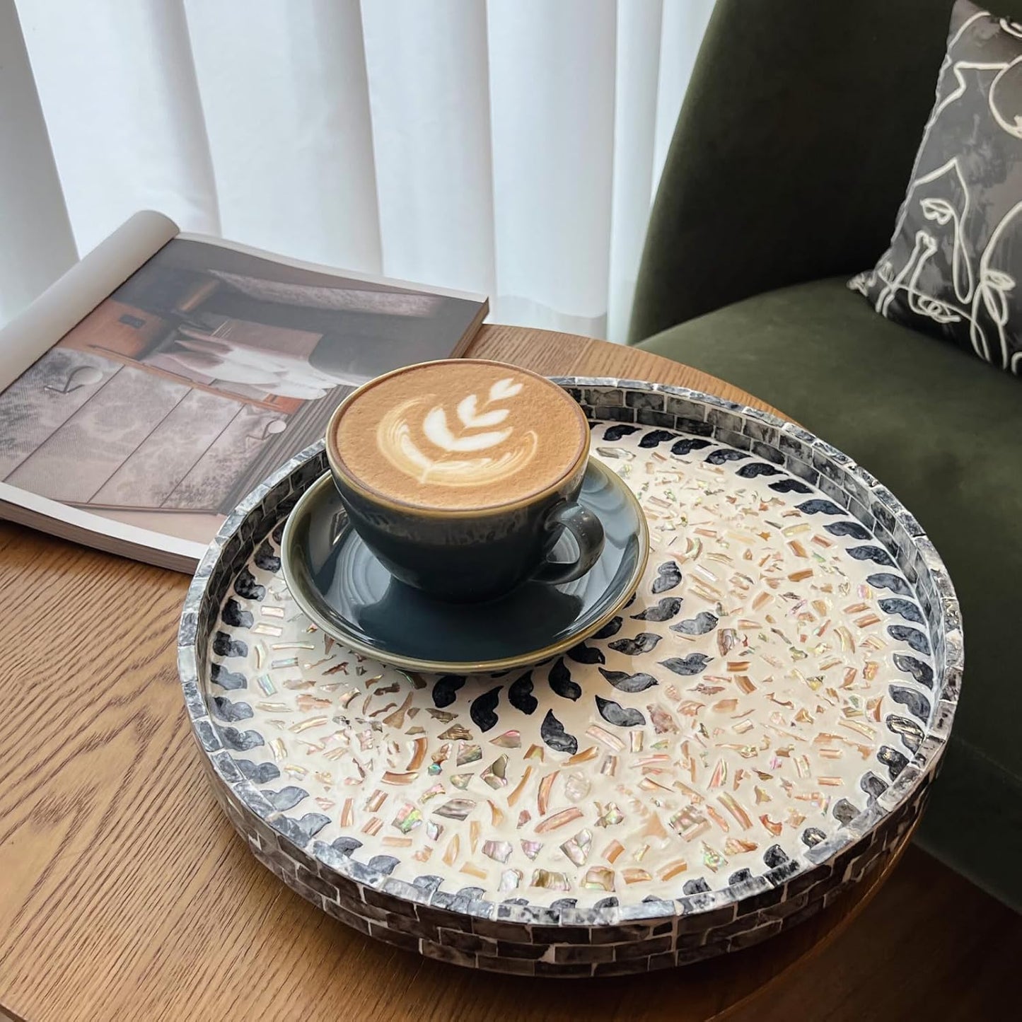 12.5" Lazy Susan for Table Top – Mother of Pearl Spinning Turntable Serving Tray, Marble Lazy Susan Organizer for Dining Table Centerpiece, Kitchen Island Decor, Bathroom Counter, Outdoor Use (Flower)