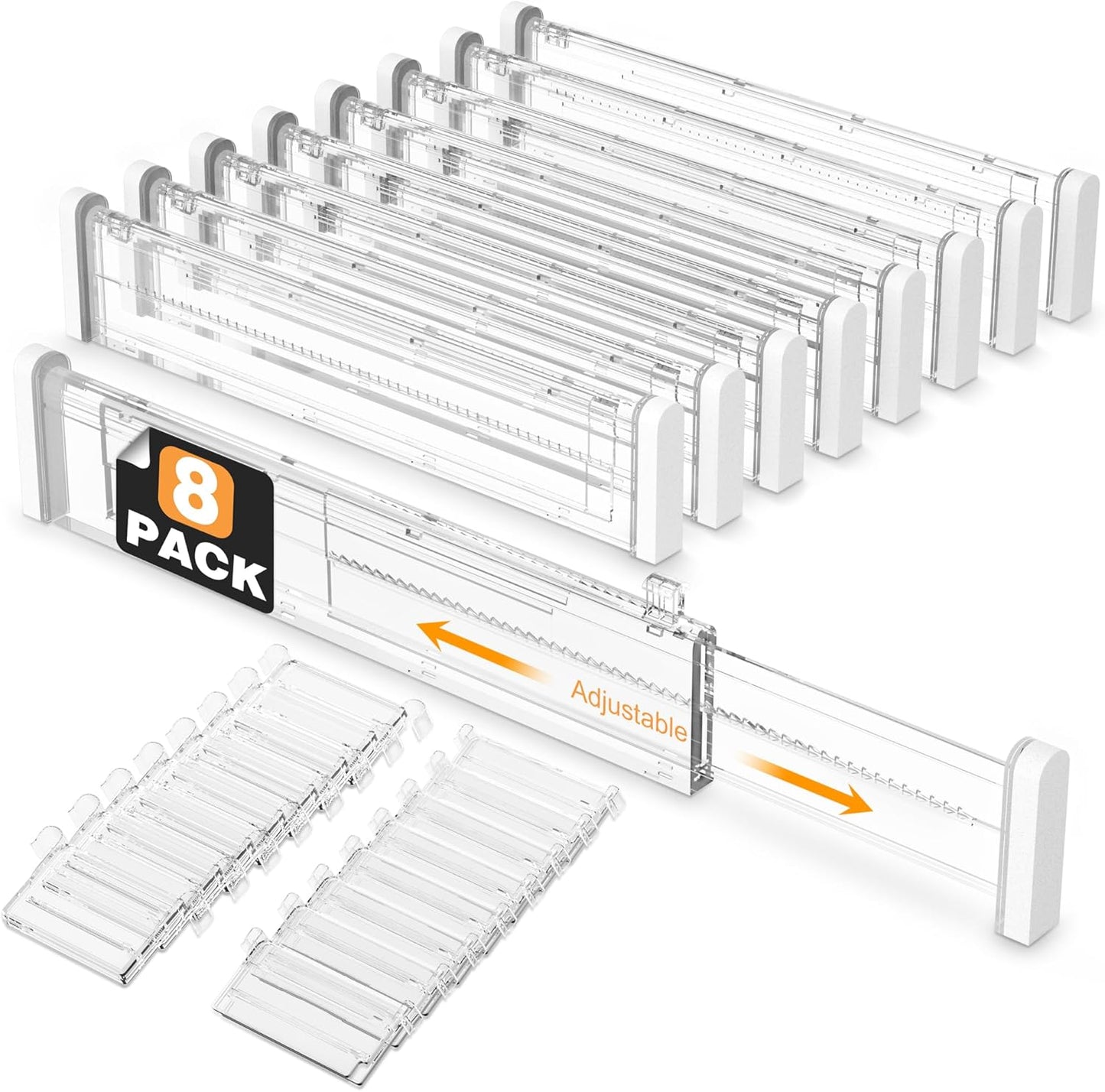 HiYZ Expandable Drawer Dividers with Inserts - Adjustable Drawer Organizers Separators for Kitchen, Bedroom, Dresser, Office, 8 Long Dividers(12.6-22.8 IN) with 16 Inserts(3.9-7.1 IN) - Clear