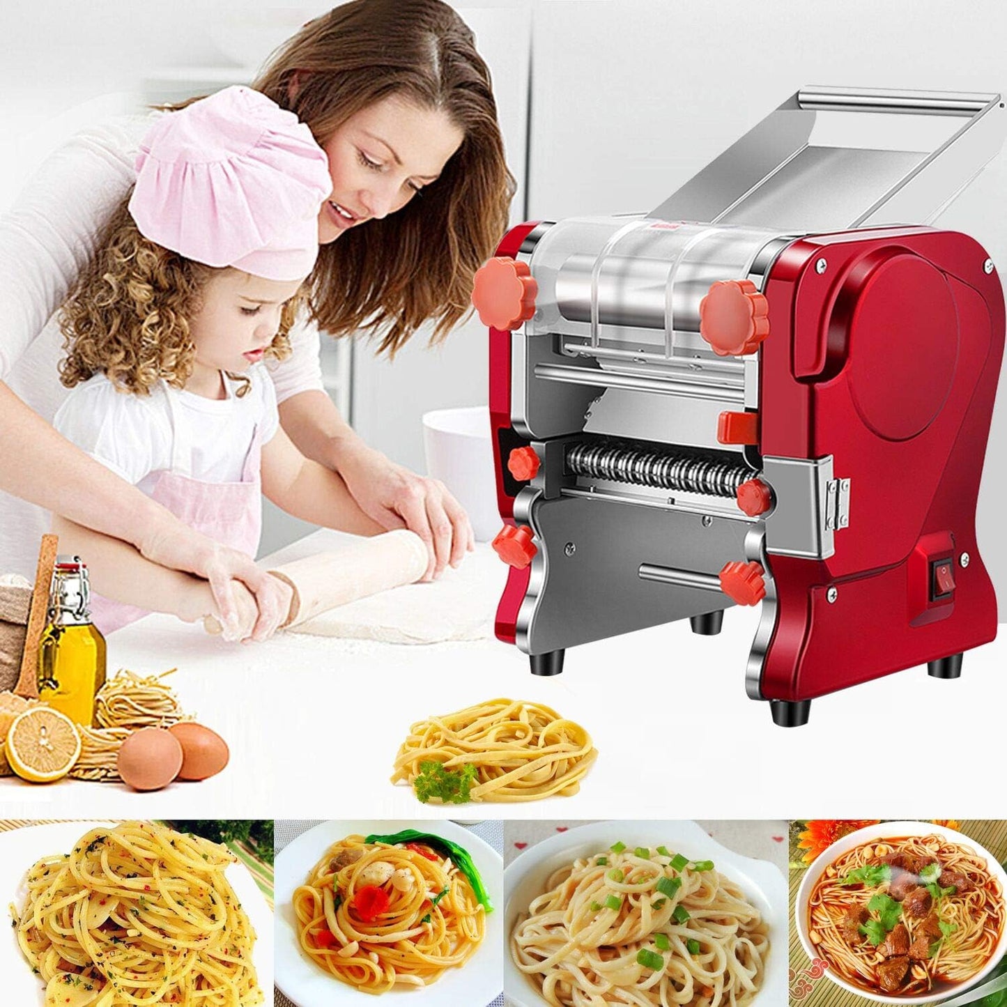 Pasta Making Machine,Electric Noodle&Dumpling Maker For Home/Commercial Use,Full Stainless Steel Dual Knife No Disassembled-3/9mm Width Noodle/0.3-5mm Thickness Dough-Auto Noodle Cutter.