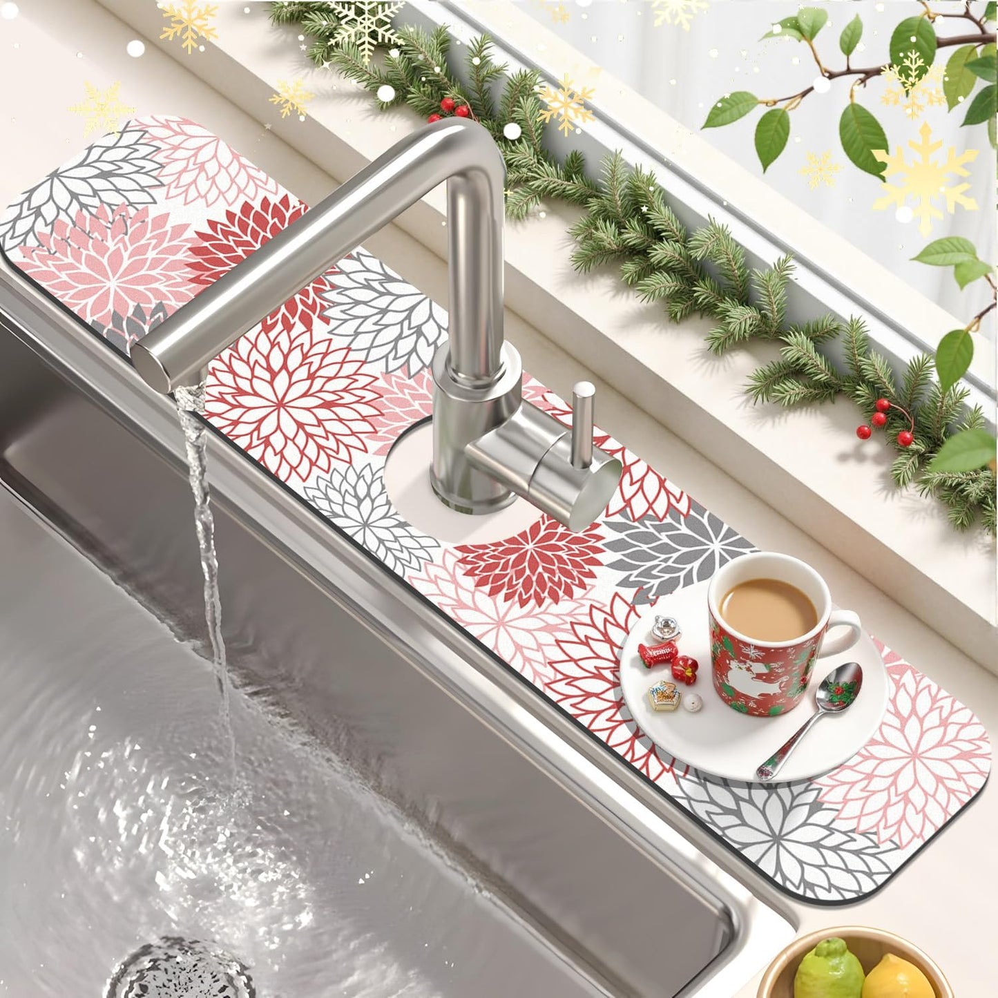 Findosom 2PCS 12" x 20" Dish Drying Mat & 24" x 5.5" Sink Splash Guard, Super Absorbent & Cuttable Dish Mat Drying Kitchen Mat with Red Floral, Hide Stain Drying Mat for Kitchen Counter