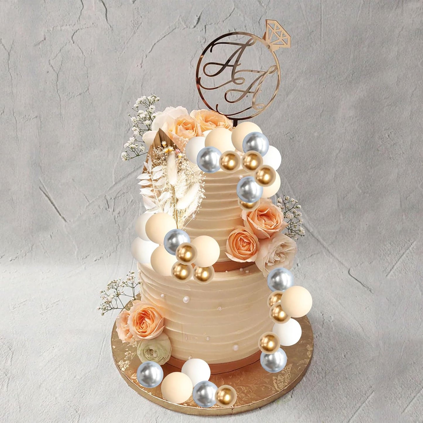 Gyufise 21 Pack Flower Boho Cake Topper Ball Cake Decorations Palm Leaves Plants Cake Decor for Girl Bohemian Princess Theme Wedding Baby Shower Birthday Party Supplies Gold White Khaki