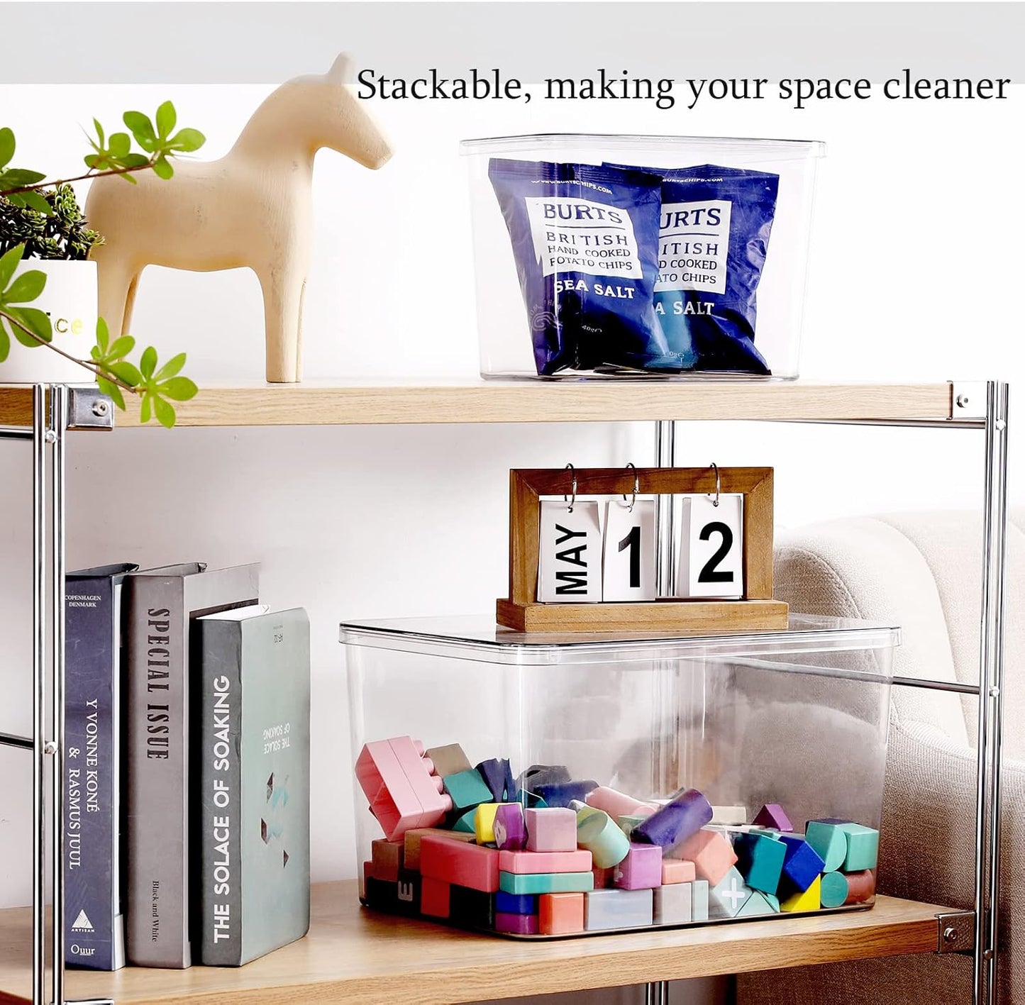 Storage Boxes, 5 Packs Transparent Food Organizer, Stackable Lidded Storage Bins (3 XL + 2M)