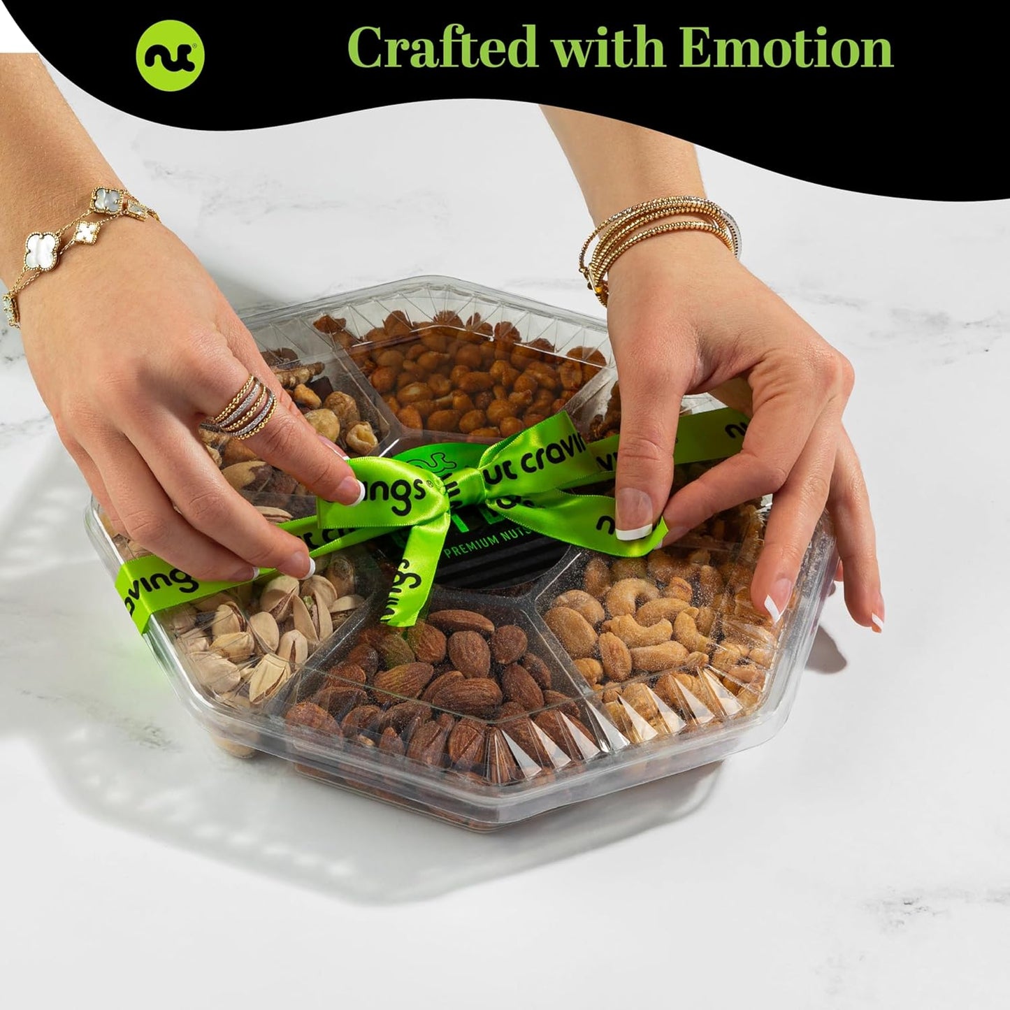 NUT CRAVINGS - Mixed Nuts Gift Basket + Green Ribbon (7 Assortments, 1 LB) Food Arrangement, Healthy Snack Care Package, Food Assortments