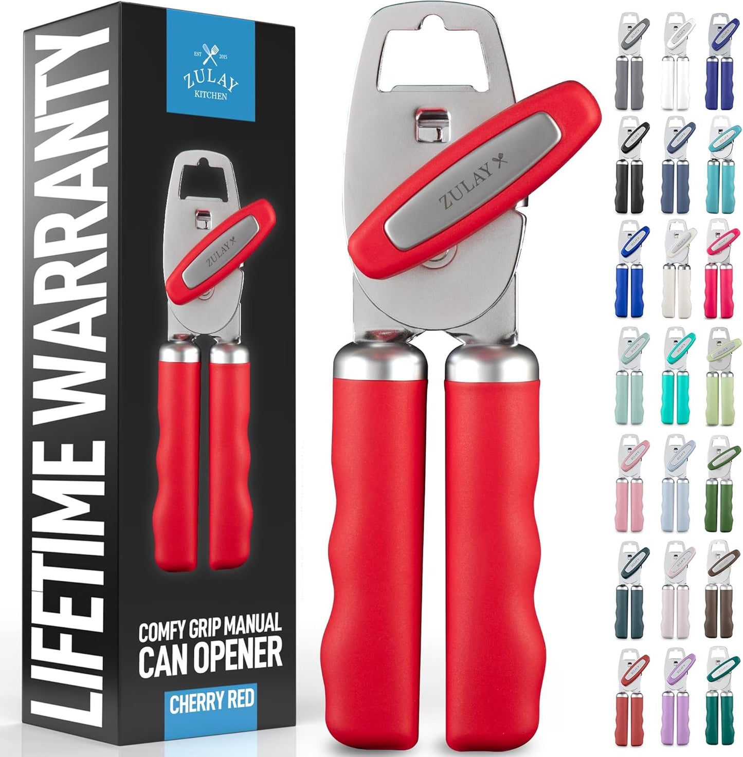 Zulay Kitchen Heavy Duty Stainless Steel Can Opener Manual with Bottle Opener - Rust Proof Manual Can Opener With Turn Knob & Comfy Soft Grip Handles - Cherry Red