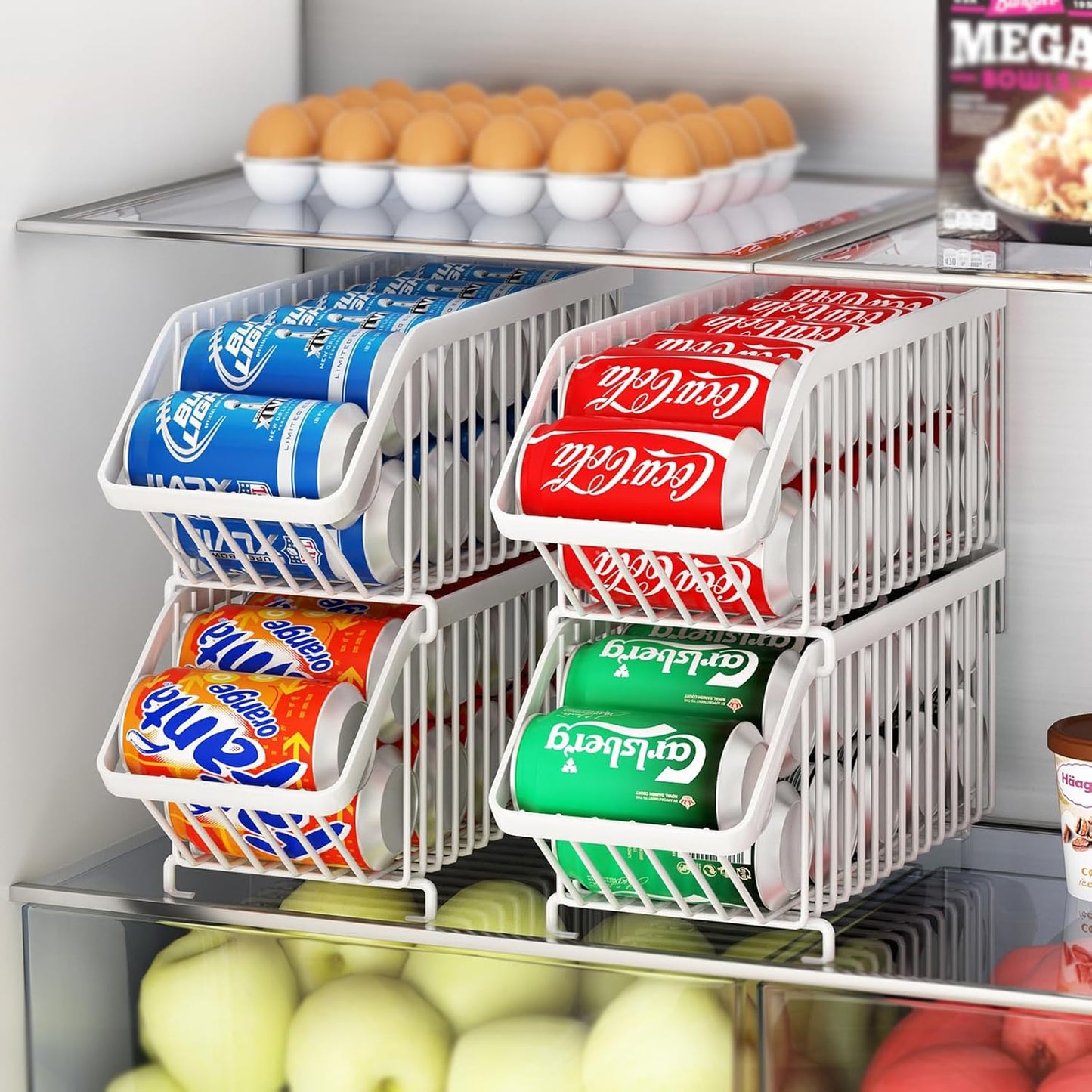 GILLAS 4 Pack Stackable Soda Can Organizer for Refrigerator, Can Holder Dispenser, Canned Food Storage Rack for Fridge, Kitchen, Countertops, Cabinets, White
