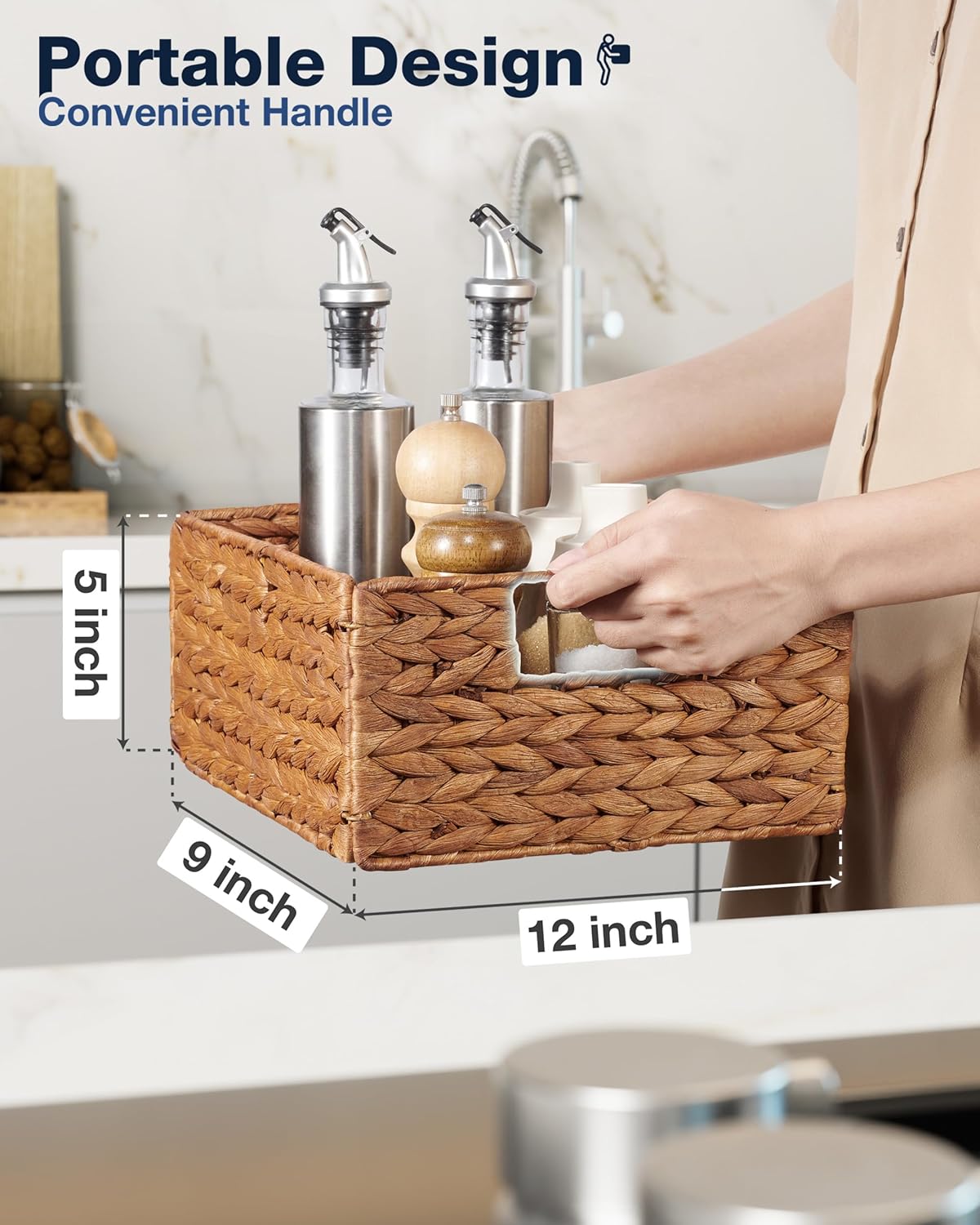 BLUEWEST Wicker Storage Baskets Pack 6, Woven Baskets for Storage, Laundry Water Hyacinth Basket for Organizing with Carrying Handles, Rattan Baskets (Brown, Rectangular)