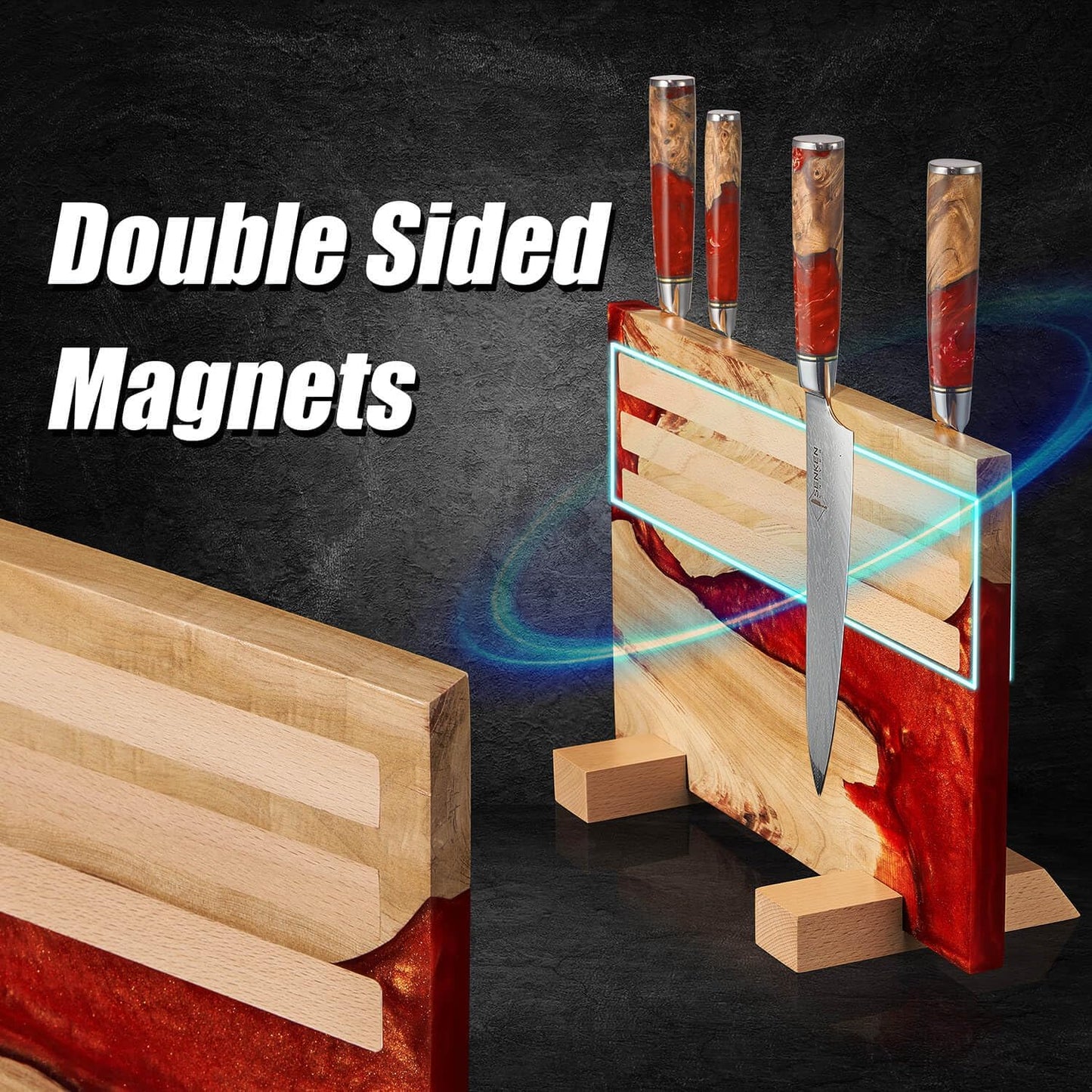 SENKEN "Red Tsunami" Extra Large Magnetic Knife Block - Holds Up to 16 Knives - Knife Block without Knives, Universal Knife Holder, Beautiful Red Resin & Natural Wood Blend ("Crimson" Red Resin Blend)