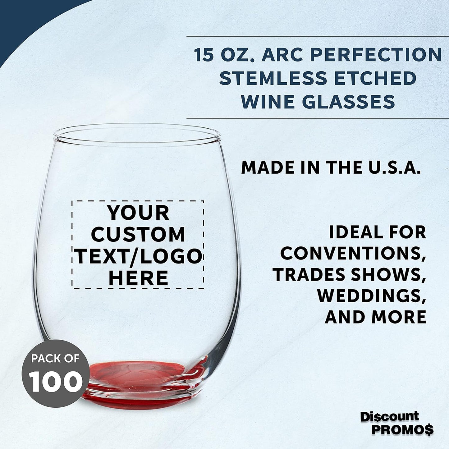 Custom Stemless Wine Glasses in Bulk by ARC Perfection, 15 oz, 100 pack, Personalized Text, Logo, Red or White Wine Glass Set, Red