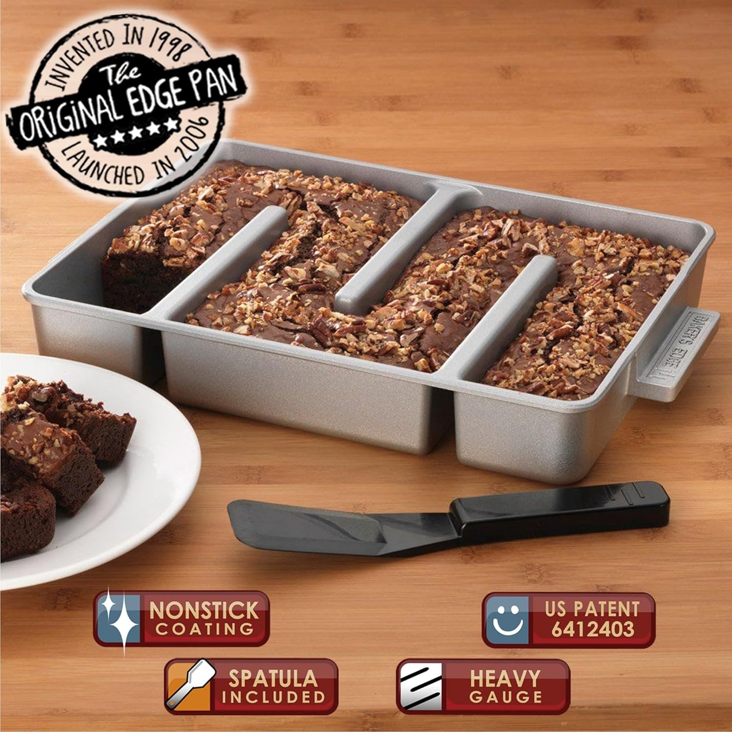 Baker's Edge Brownie Pan, The Original All Edges Brownie Pan for Baking | Premium Double Nonstick Coating, Heavy Gauge Cast Aluminum, Rectangular 9x12” Size Baking Pan - US Patented Design