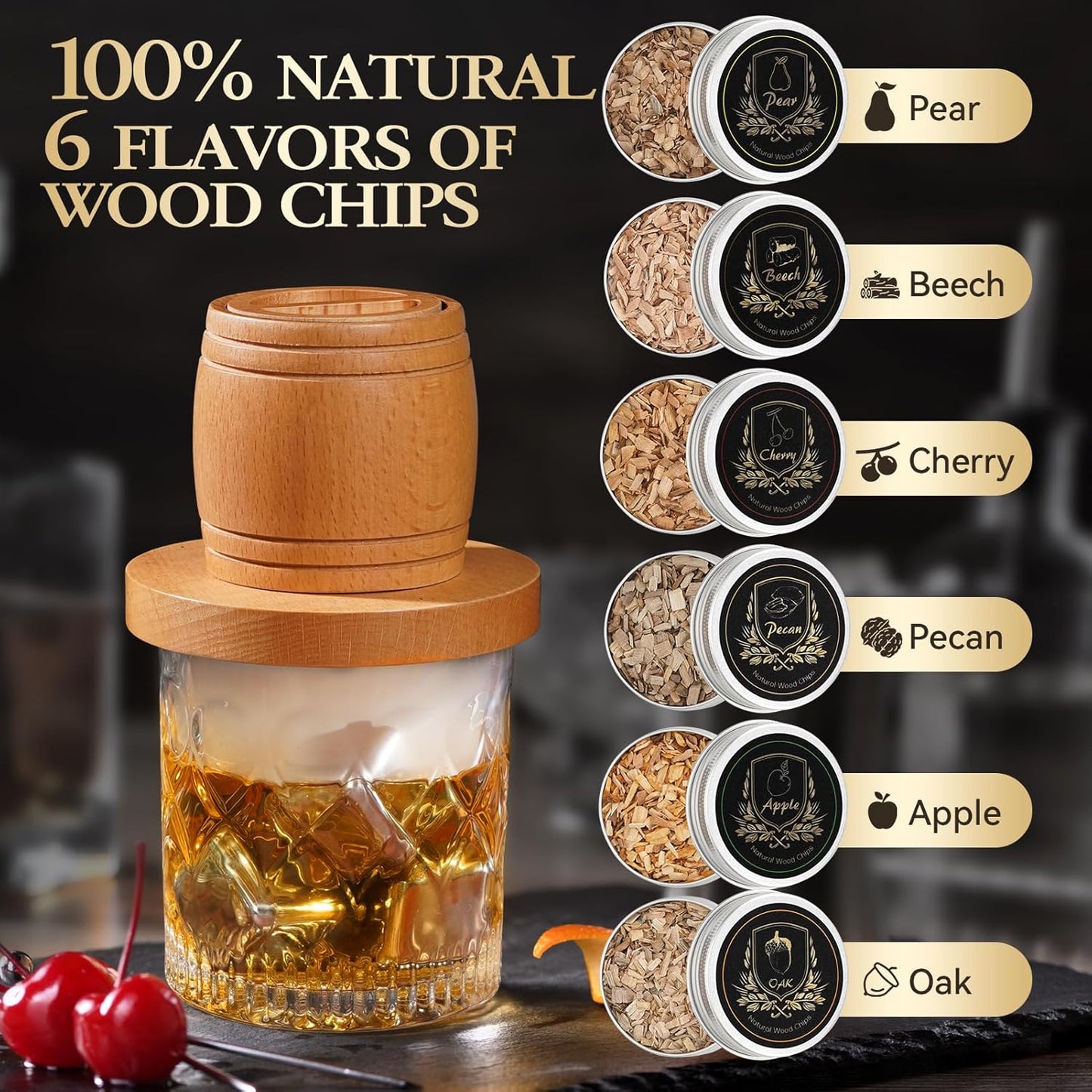 G GOOD GAIN Whiskey Smoker Kit with Torch - Old Fashioned Cocktail Smoker Kit with 6 Flavors Wood Chips | Drink Bourbon Infuser Set with 4 Stainless Steel Ice Stone for Men, Dad (No Fuel Included)