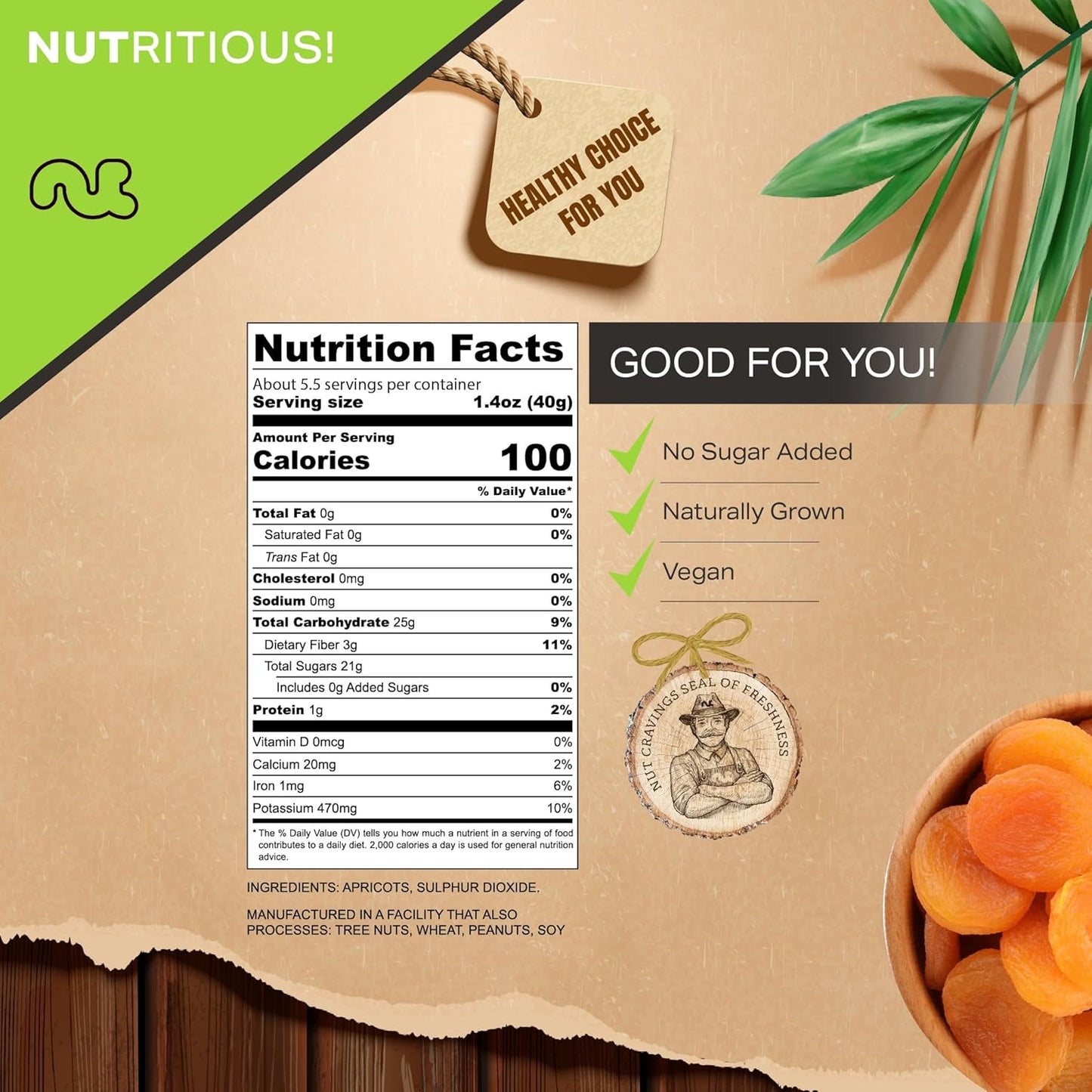 NUT CRAVINGS - Sun Dried Turkish Apricots, No Sugar Added (8oz, 1 Pack) Bulk Dry Fruits Packed Fresh in Resealable Bag - Sweet Healthy Snack, Naturally Grown, Vegan, Kosher