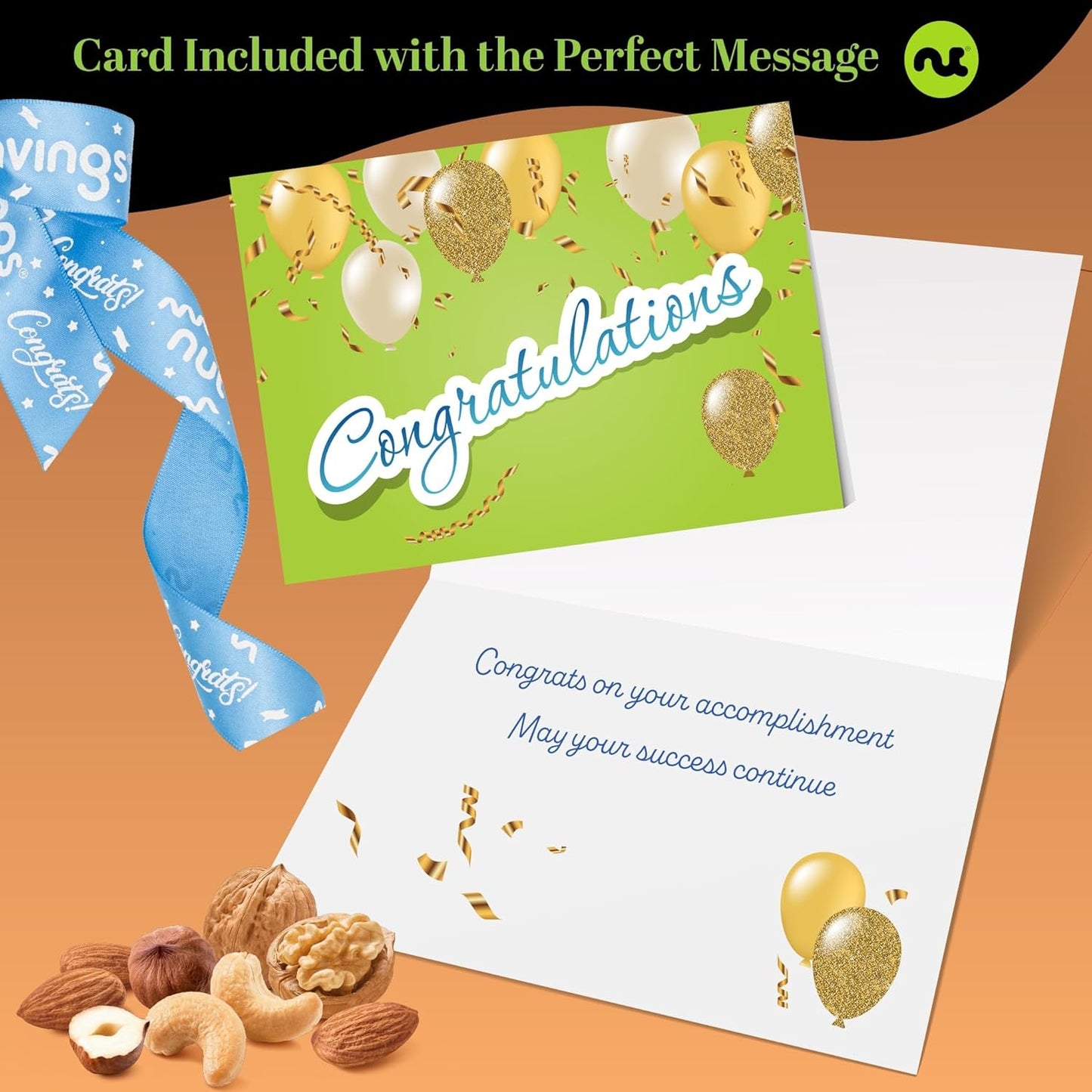 NUT CRAVINGS Gourmet Collection - Congratulations, Nuts Gift Basket with Congrats Ribbon + Greeting Card in Reusable Wooden Tray (12 Assortments) Graduation Food Arrangement, Healthy Snack, Food Assortments