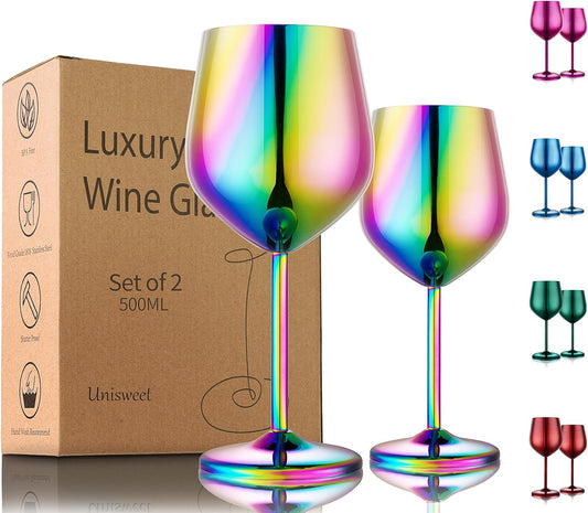 Stainless Steel Wine Glasses Set of 2, 18 oz Unbreakable Colorful Wine Glass Unique Metal Wine Goblets for Outdoor Capming and Pool Gift for Wine Lovers