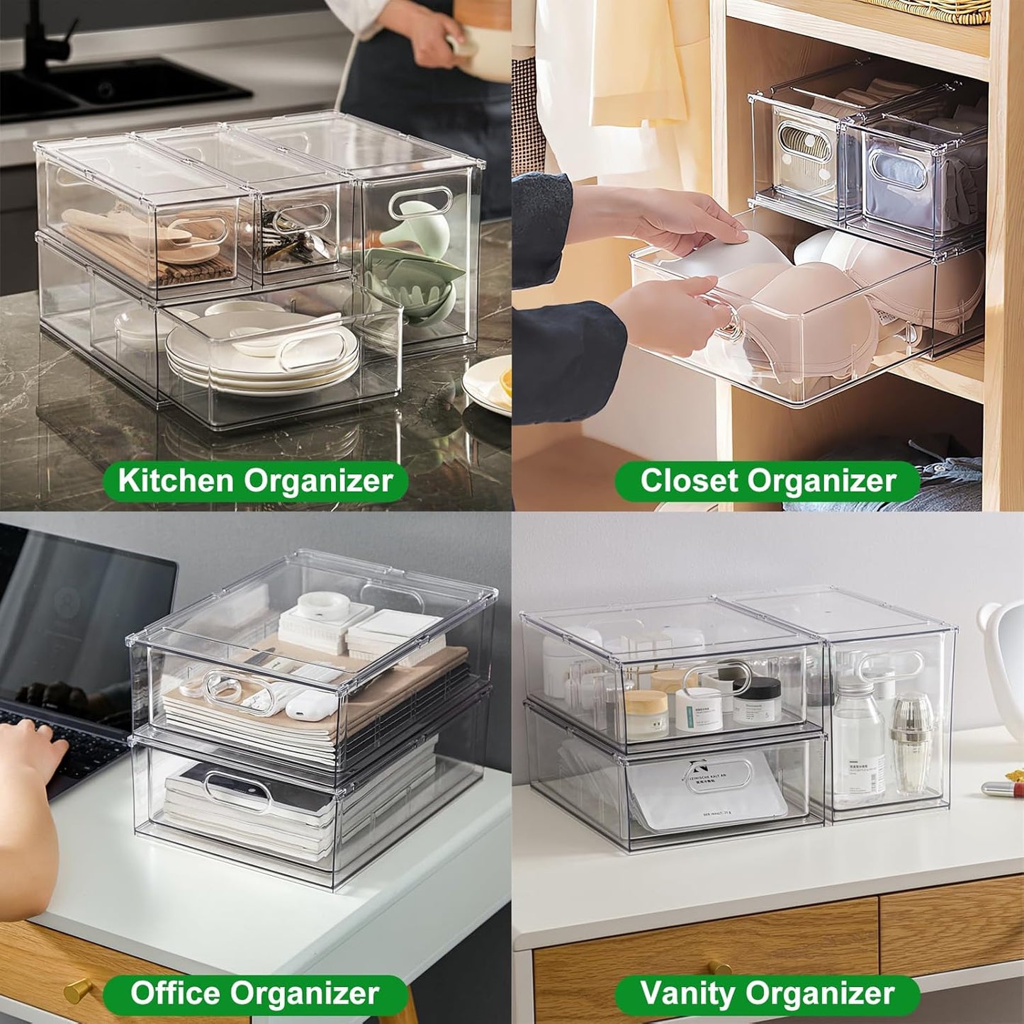 Taiuloo 3 Pack Stackable Refrigerator Organizer Bins with Pull-Out Drawer, Clear BPA-Free Food Storage Containers for Fridge Freezer, Kitchen Pantry Cabinet & Bathroom Vanity Organization