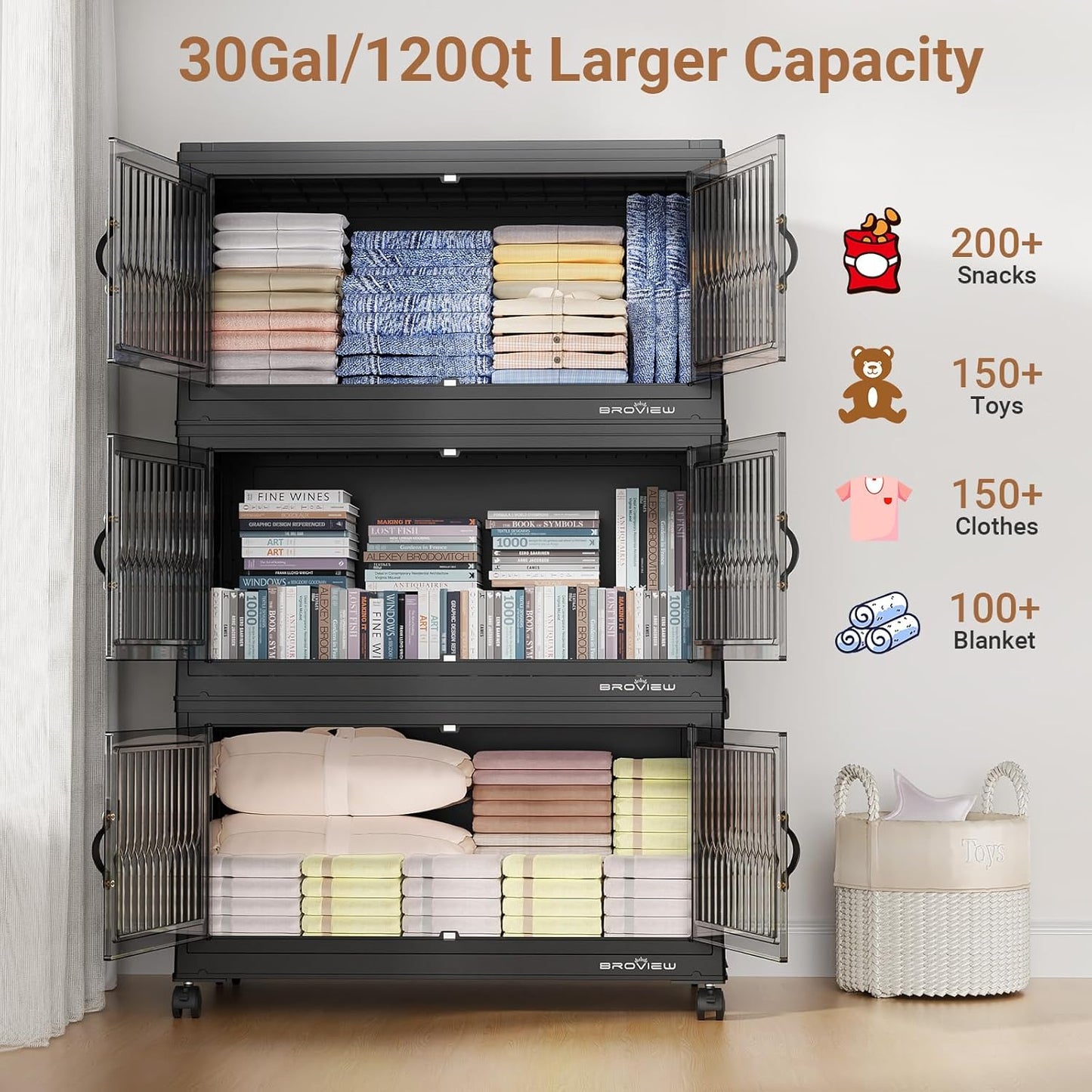 360Qt Stackable Storage Bins with 3 Lids, Extra Large Closet Organizer Collapsible Drawer Boxes with Wheels, Folding Plastic Cabinet Containers for Home Kitchen Room Organization, 3Pack Black