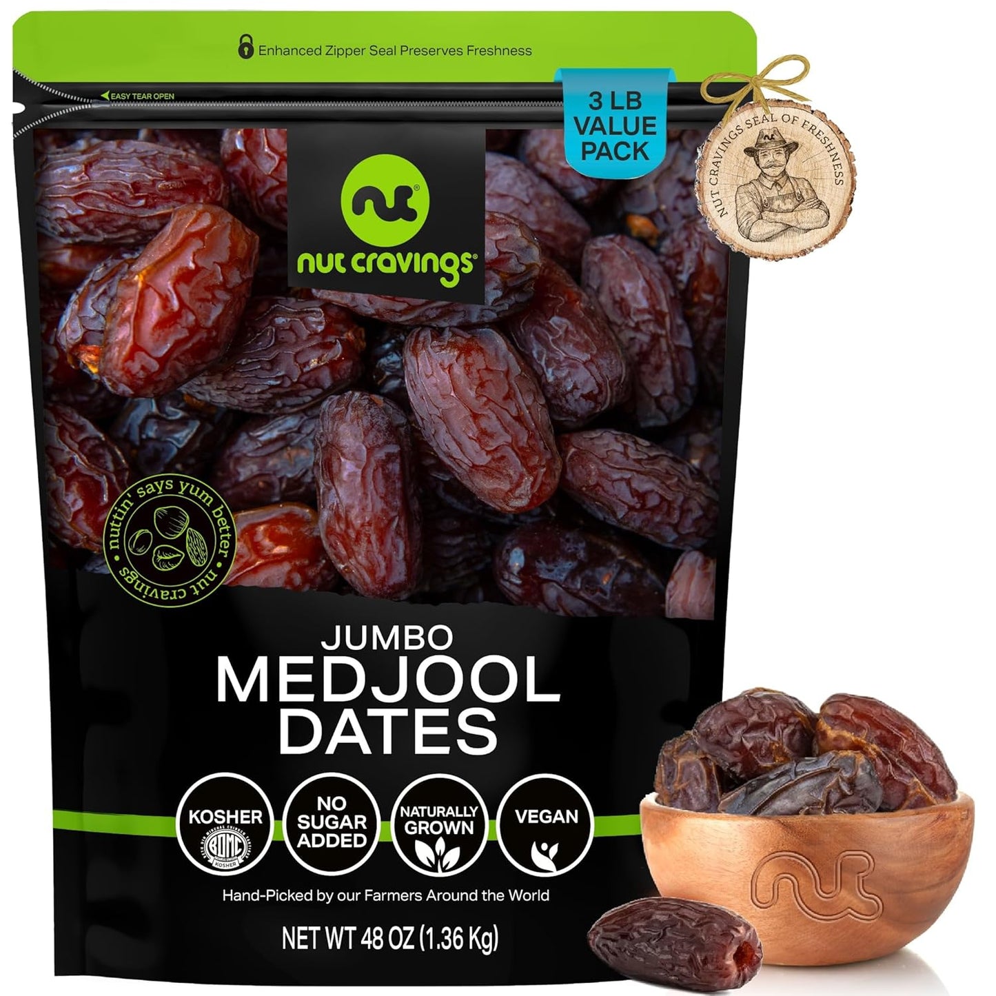 NUT CRAVINGS - Sun Dried Jumbo Medjool Dates, No Sugar Added (48oz, 3 LB) Bulk Dry Fruits Packed Fresh in Resealable Bag - Sweet Healthy Snack, Naturally Grown, Vegan, Kosher
