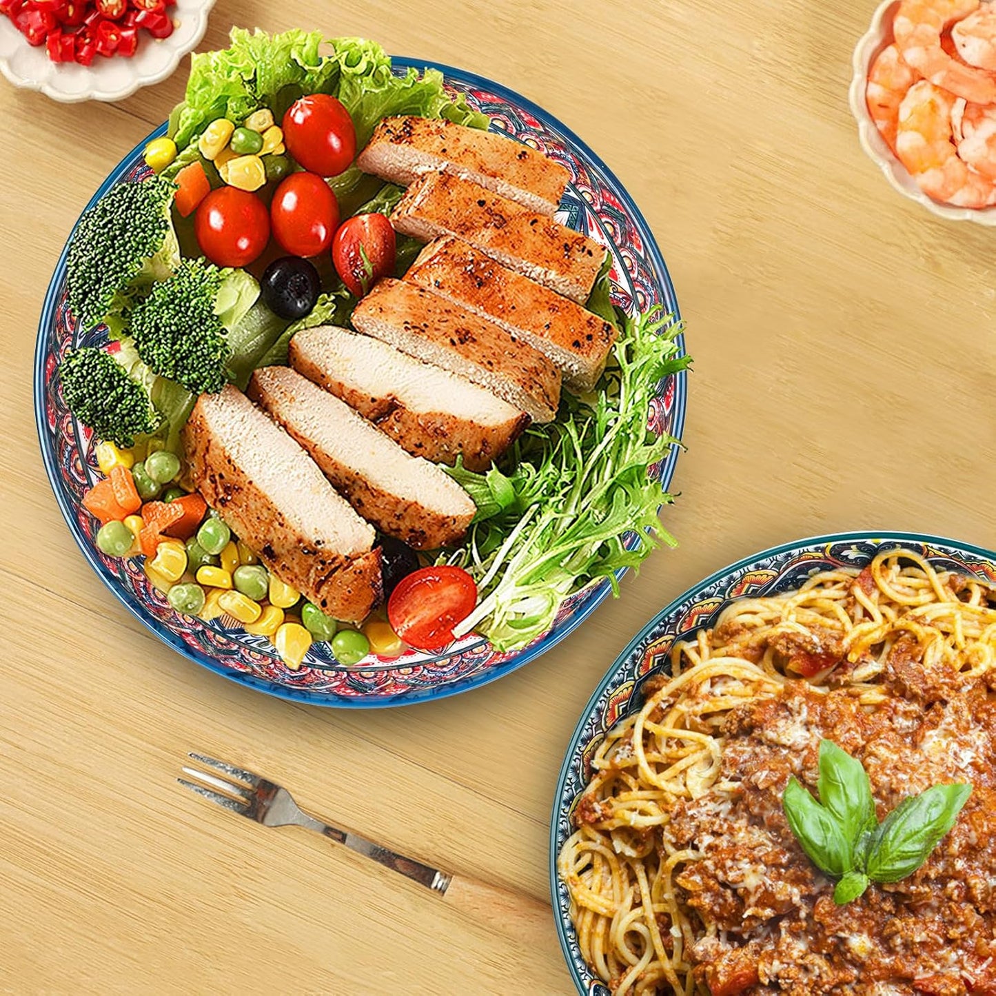 75 Oz Serving Bowls,Bohemian Style Large Porcelain Dishes for Entertaining Parties,Big Bowls for Eating Soup, Salad, Pasta, Fruit, Chips, 10.3 Inch Diameter (blue)