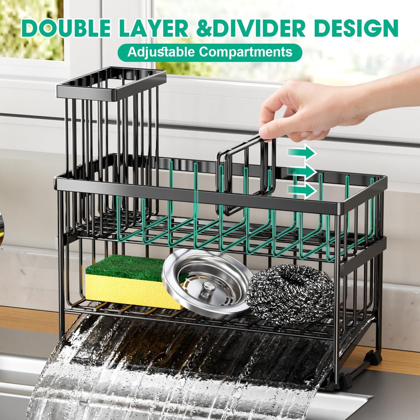 Sponge Holder for Kitchen Sink, 2 Tier Sink Caddy Organizer with High Brush Holder, Self-Draining Sponge Holder for Sinks, Soap Dispenser Organizer, Rustproof 304 Stainless Steel, Black