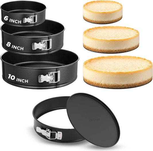 NutriChef 3 Piece Nonstick Springform Pan Set | 3 Tiered Sizes 6, 8 & 10 Inch Pans | Carbon Steel Cheesecake Pans | Stainless Steel Clasps | Oven Safe to 450 F | Includes 300 Parchment Papers | Black