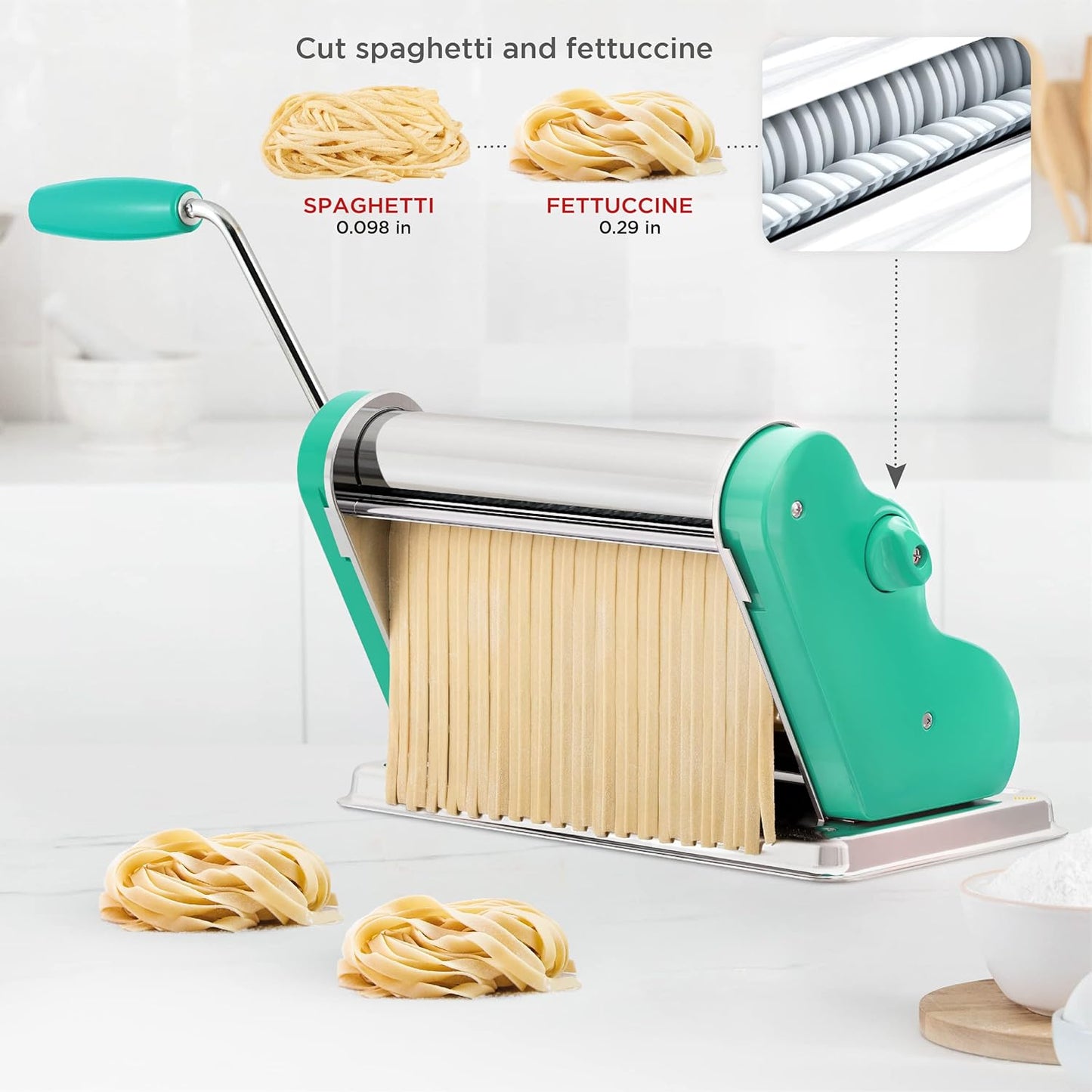 PASTALINDA Classic 260 Pasta Maker Machine, 26 cm Wide Rollers, 9 Thickness Positions, 2 Cutting Positions, Stainless Steel. Includes Reinforced Hand Crank And Two Clamps (Green)